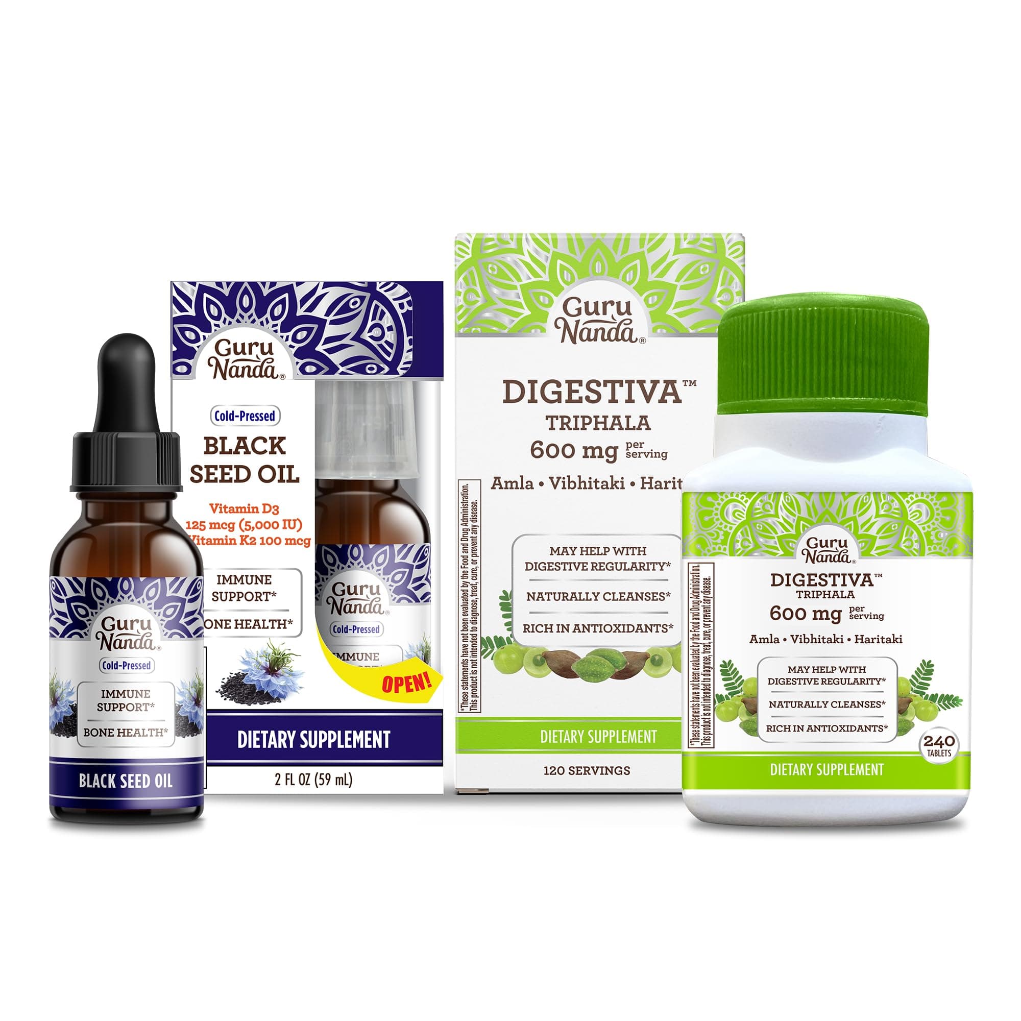 GuruNanda Black Seed Oil, Cold-Pressed Nigella Sativa - Rich in Vitamin D3 5000 Units & Digestiva Triphala (240 Tablets), Supports Digestion, Helps with Bloating