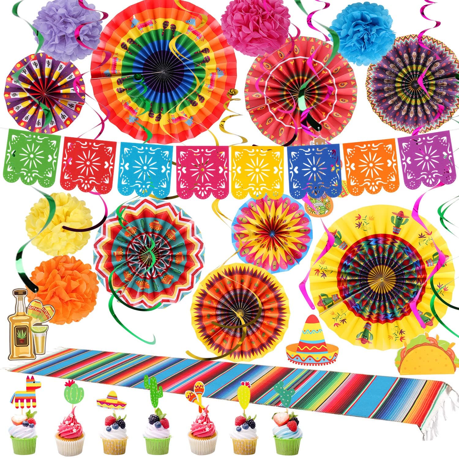 Mexican Party Decorations Fiesta Themed - Cinco De Mayo Party Supplies Decor for Birthday Wedding Baby Shower - Paper Fans+ Pom Poms+Papel Picado Banner+Disposable Table Cover+Cupcake Topper