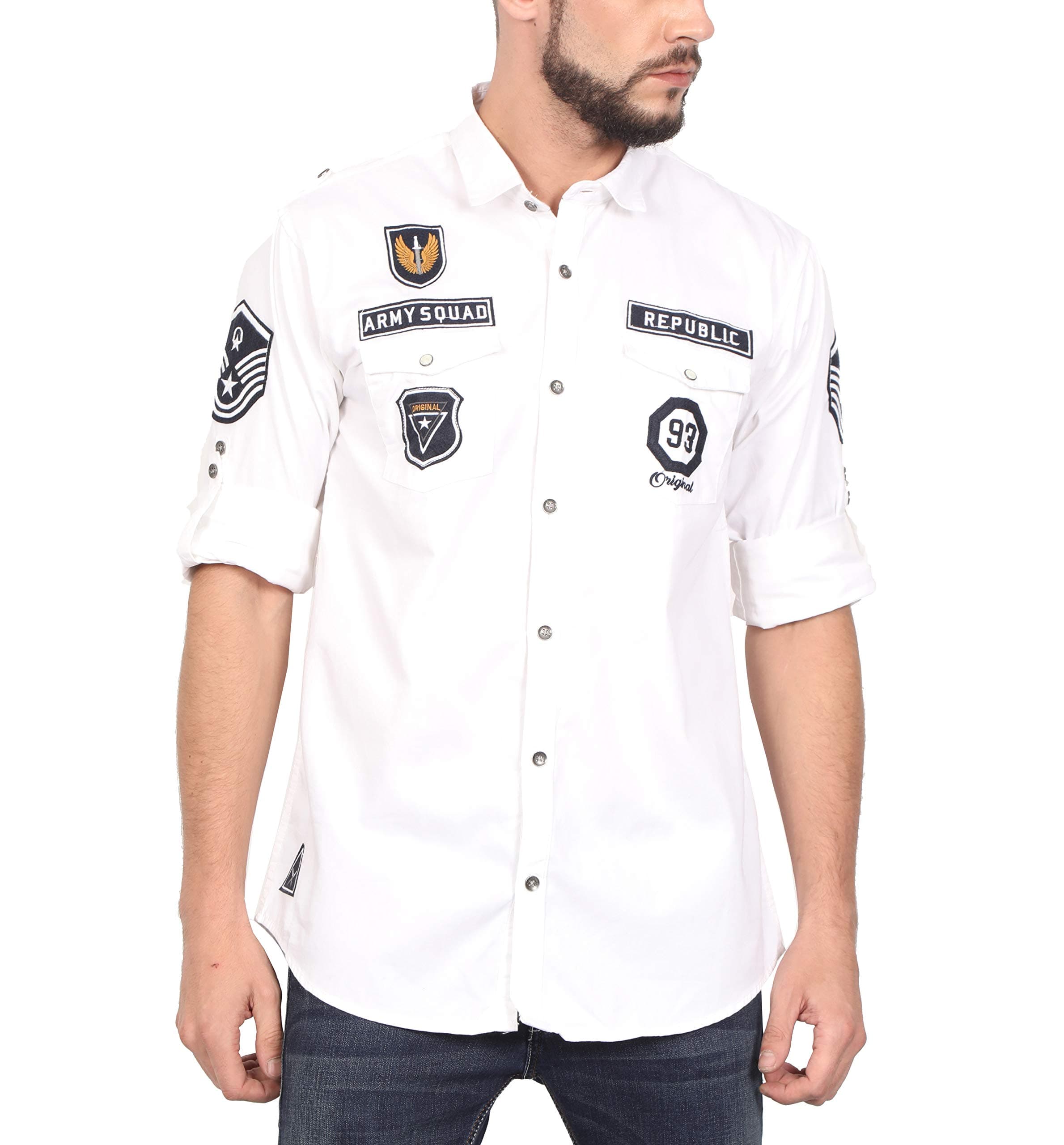 NORTH REPUBLIC Men's Light White with Emboidery Patches Full Sleeves Stylish Casaul Shirt