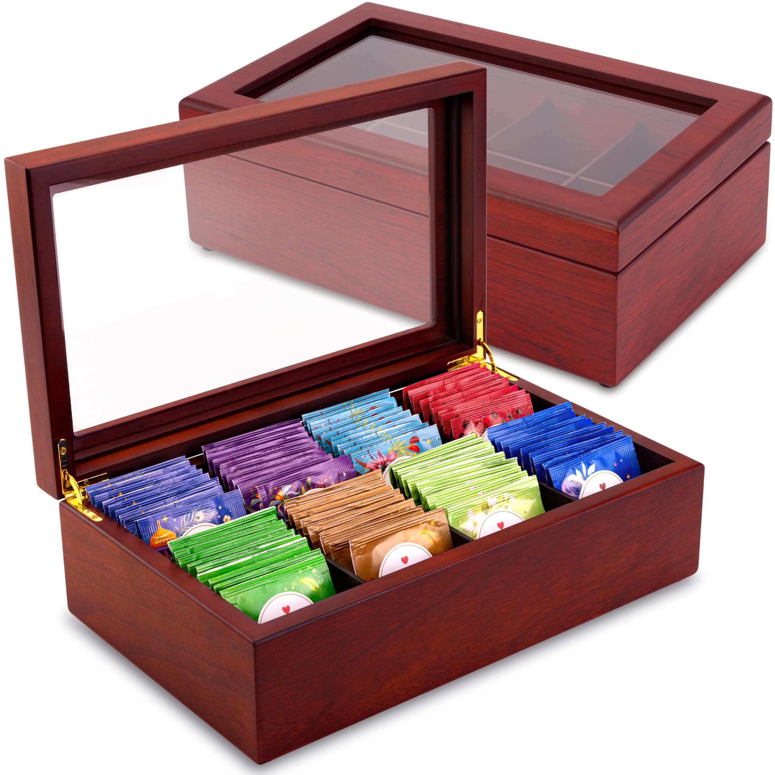 Apace Living Tea Box - Luxury Wooden Tea Storage Chest from the Premier Collection - 8 Adjustable Compartment Tea Bags Organizer Container - Elegantly Handmade w/Scratch Resistant Window
