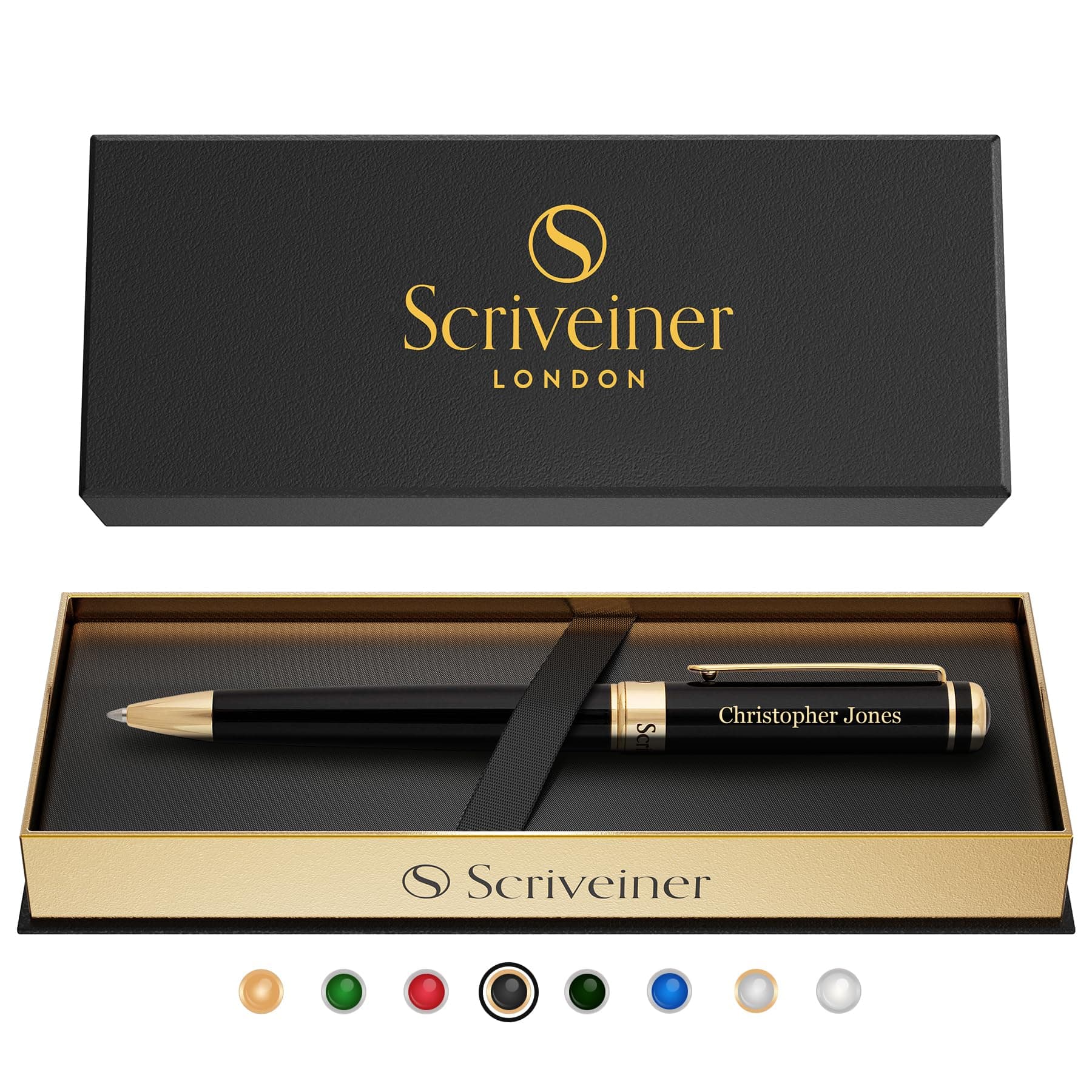 Scriveiner Personalized Pen Black Ballpoint - Stunning Luxury Pen, Jet Black Lacquer, Real Gold Plating, Schmidt Ink Refill, Best Engraved Ball Point Gift Set for Men & Women, Custom Name Engraving