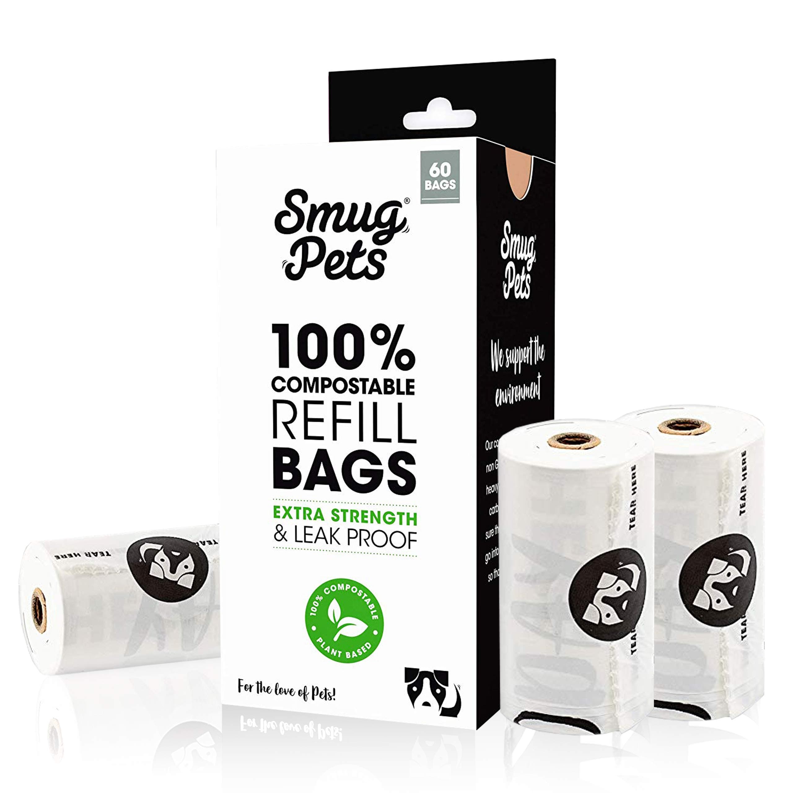 SmugPets Premium COMPOSTABLE 60 Dog Poop Bags – 4 Rolls Refill Packs - Unscented & Leak Proof Waste Bags – Extra Large & Extra Thick Bags - Eco Friendly