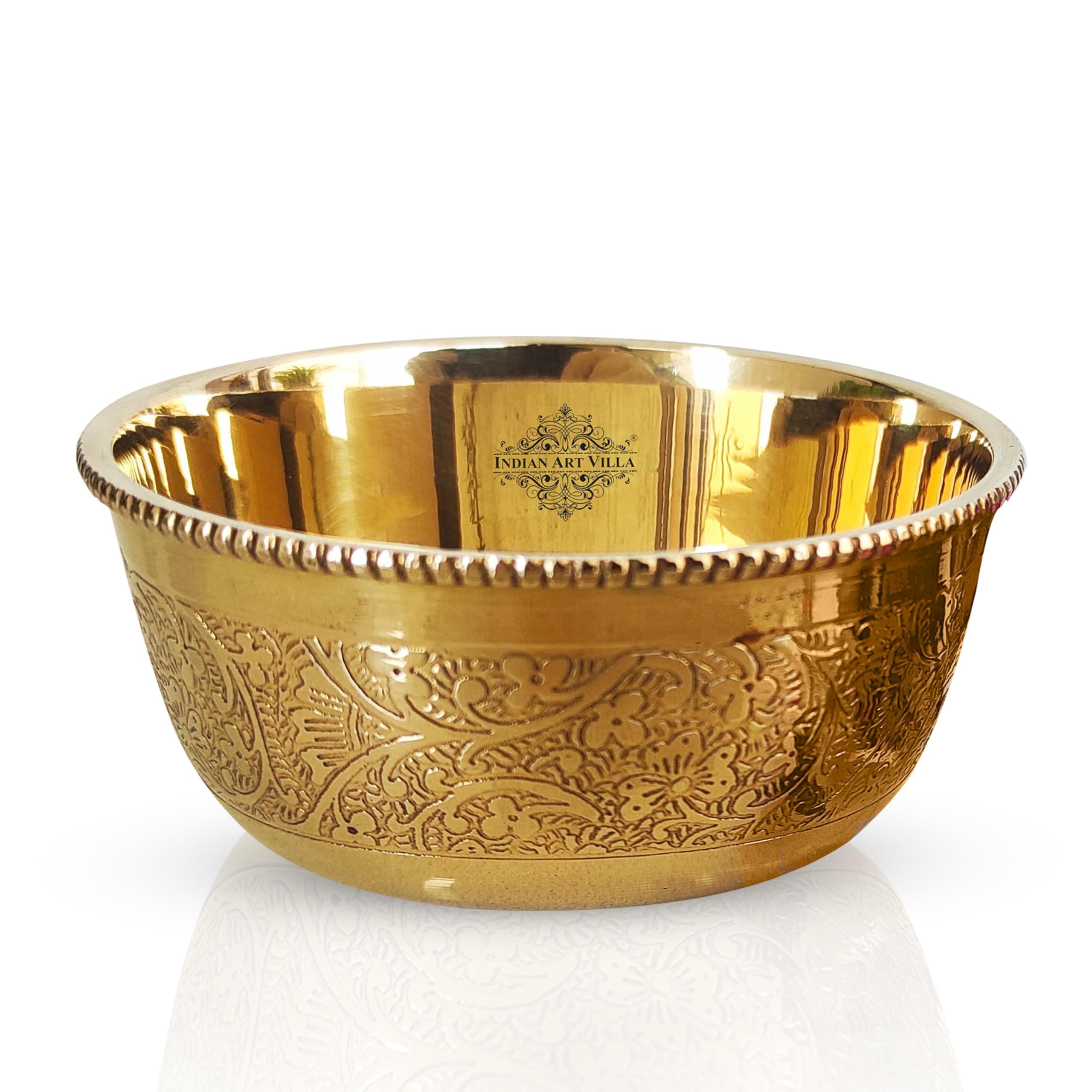 INDIAN ART VILLA Brass Floral Bowl - 220 ml, Gold