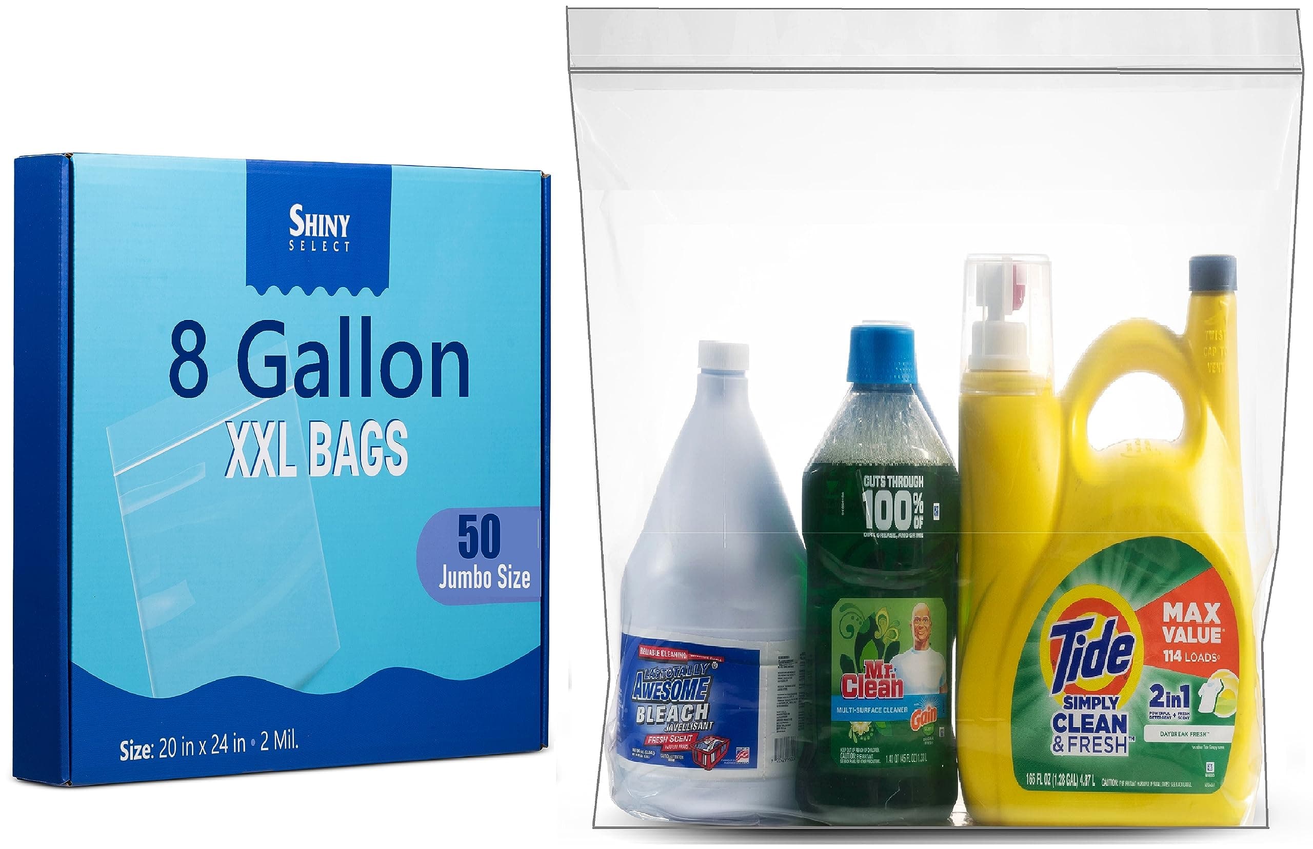 - Jumbo Storage 8 Gallon Huge Zipper Storage Bags, 2 Mill Thick Plastic, 20" x 24" Extra Large Size, 50 Count (Shiny Select)