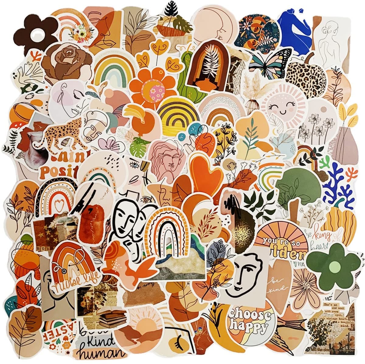 WOSHIDEFA 100 Boho Stickers,Minimalist Abstract Art Decor for Water Bottle,Laptop,Luggage,Phone, Vinyl Aesthetic Stickers for Kids Adults Teens