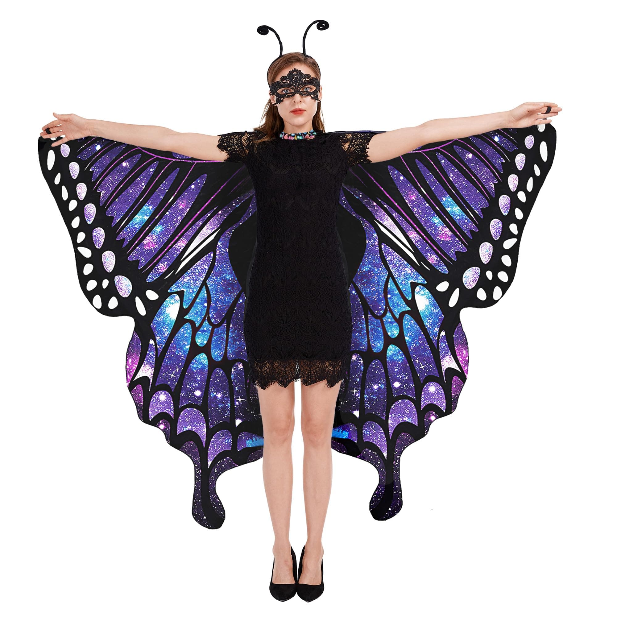 Halloween Butterfly Wings for Women - Double-Sided Printing Costume Adult Cape with Mask and Antenna Headband