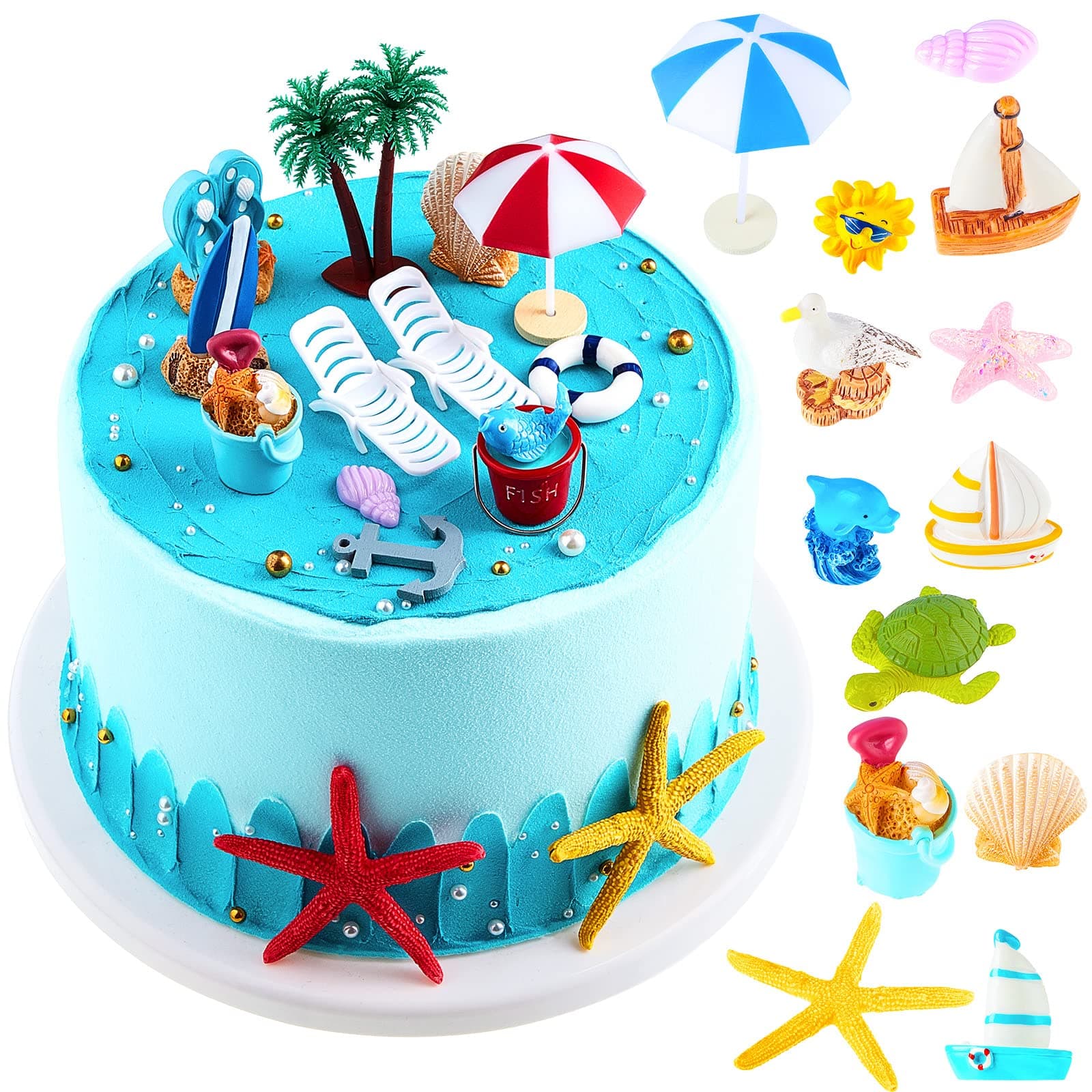 24 Pieces Hawaiian Beach Cake Decoration Green Palm Tree Cake Toppers Summer Chair Umbrella Toppers for Hawaiian Beach Theme Birthday Wedding Baby Shower Party Supplies