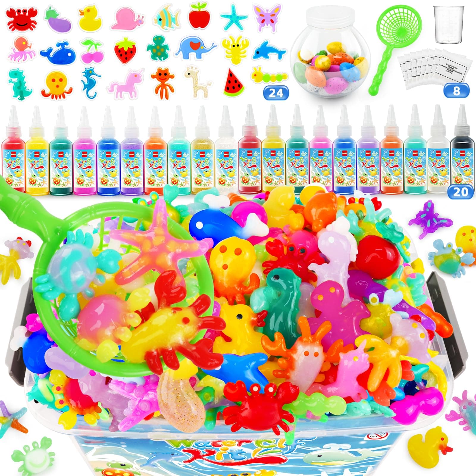 QANIY Magic Water Elf Toy Kit, Aqua Fairy Water Gel Kit, Magic Water Elf, Aqua Fairy, Magic Water Gel Kit with 20 Magic Gels and 24 Shape Molds, DIY Water Gel Kit, Birthday Gifts for Girls and Boys