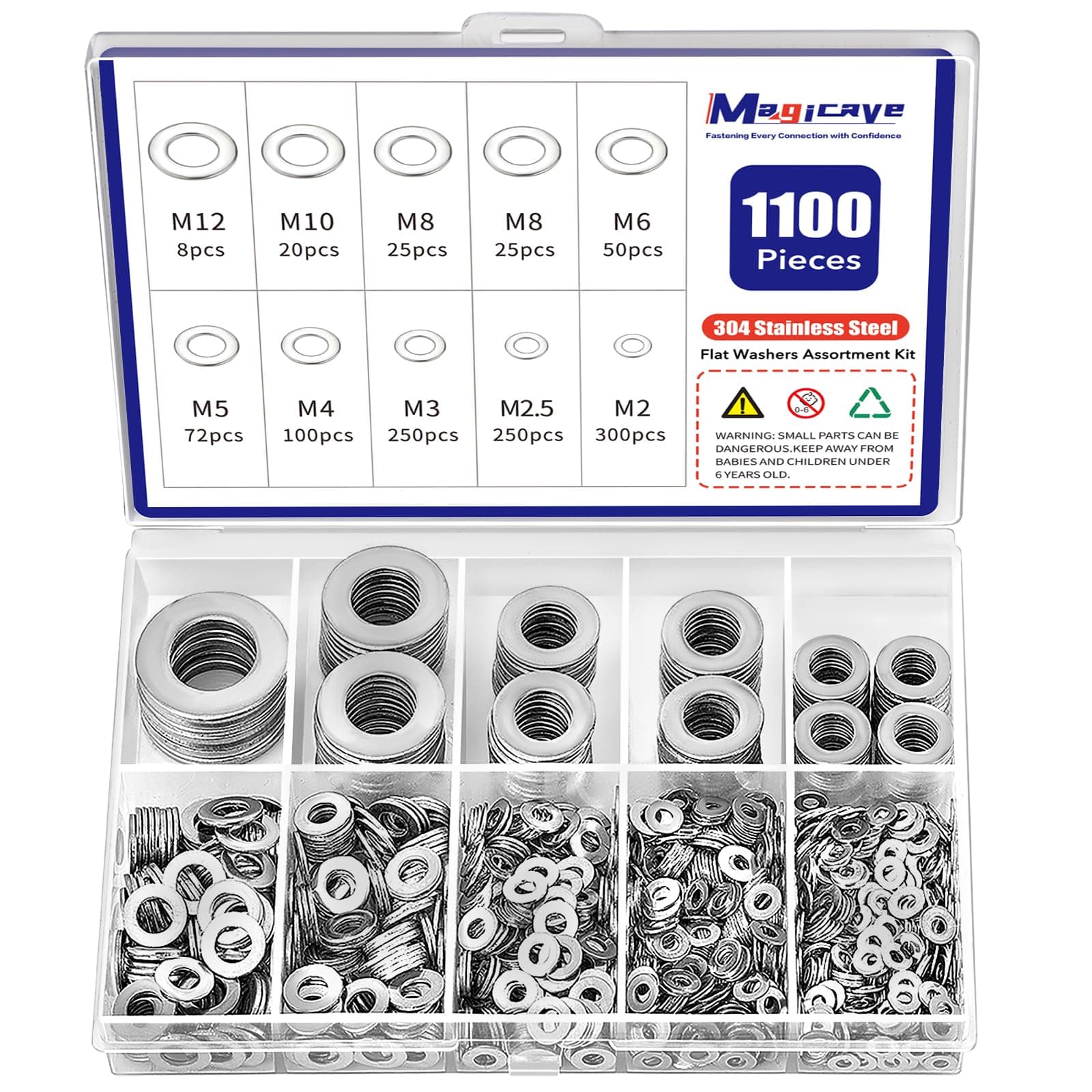 1100 Pcs Flat Washers Assortment Kit – 304 Stainless Steel, 9 Metric Sizes (M2–M12), Metal Washers for Screws and Bolts – Ideal for Automotive, Construction, Industrial, and DIY Use