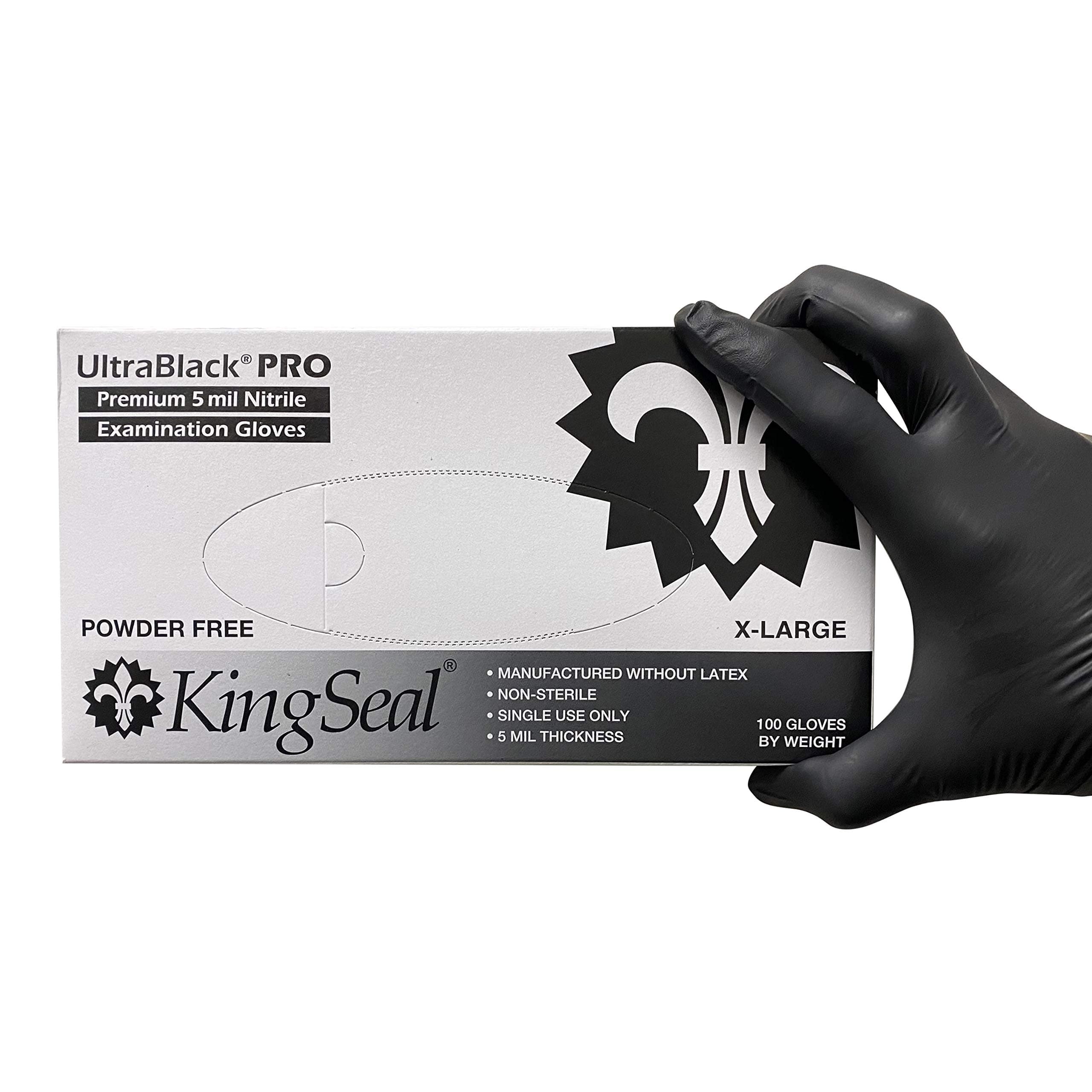 KingSeal UltraBlack-PRO Nitrile Exam Gloves, 5 MIL, Black, Professional Grade - 10 Boxes of 100 (1000 Count)