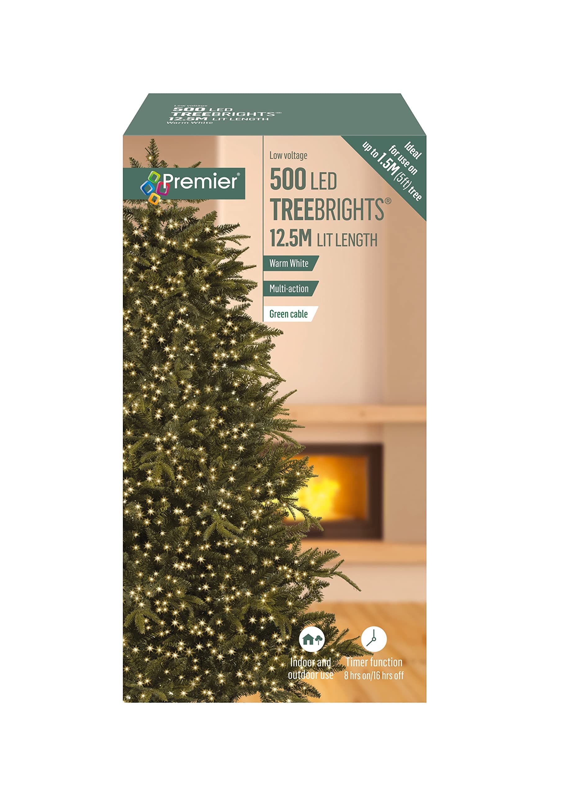 Premier Decorations 500 Supabright Christmas TREEBRIGHT Festive Lights, Warm White LEDs with Green Cable, 12.5m