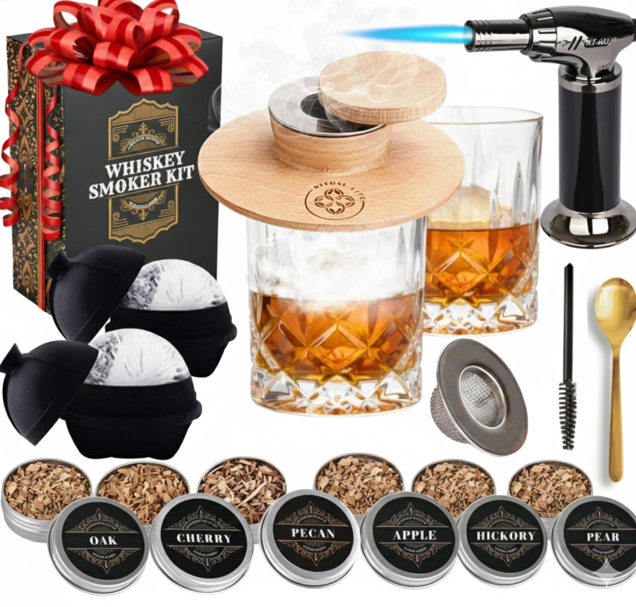 Ritual Life Whiskey Smoker Kit - Bourbon Smoker Kit with Torch, 2 Whiskey Glasses, 2 Ice Ball Maker, 4 Flavors Wood Chips - Drink Smoker Kit - Old Fashioned Smoker Kit - Smoker for Cocktails