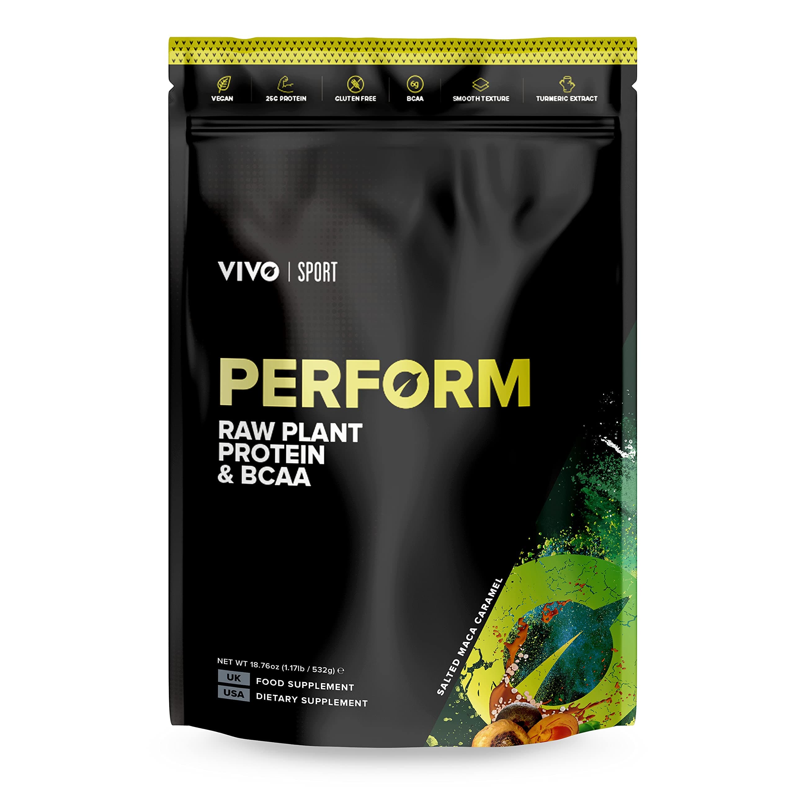 Vivo Life Perform Salted Maca Caramel Flavour Vegan Protein Powder, 14 Servings - 532g, BCAA Pea & Hemp Blend, Plant-Based Protein Shake S