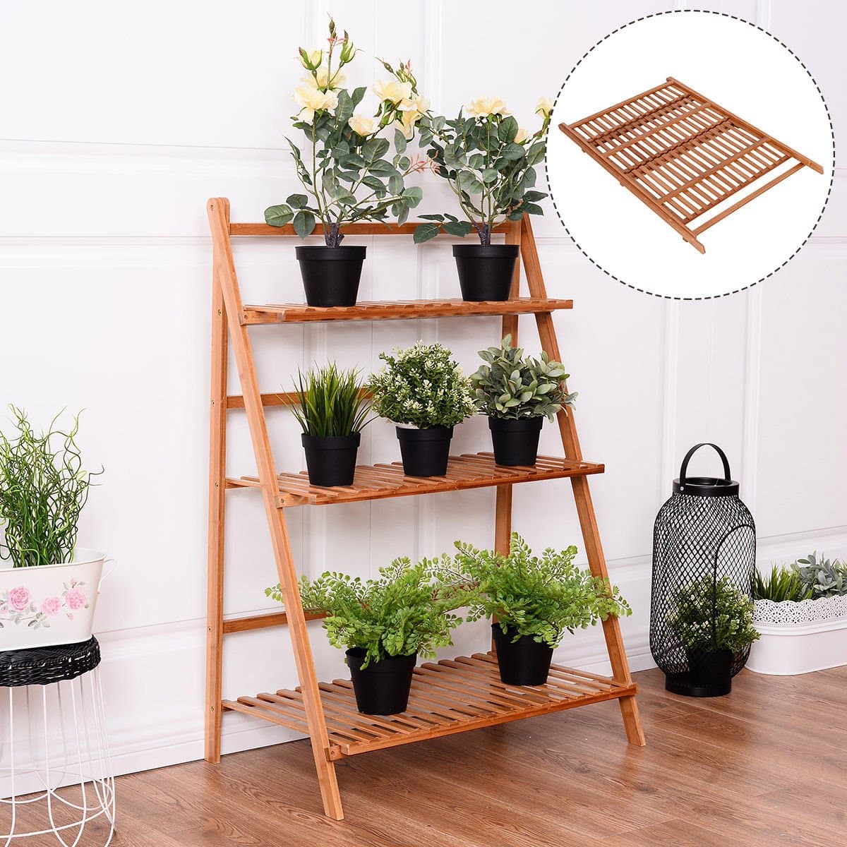NEW 3 Tier Outdoor Bamboo Flower Pot Shelf Stand Folding Display Rack Garden Yard Lightweight