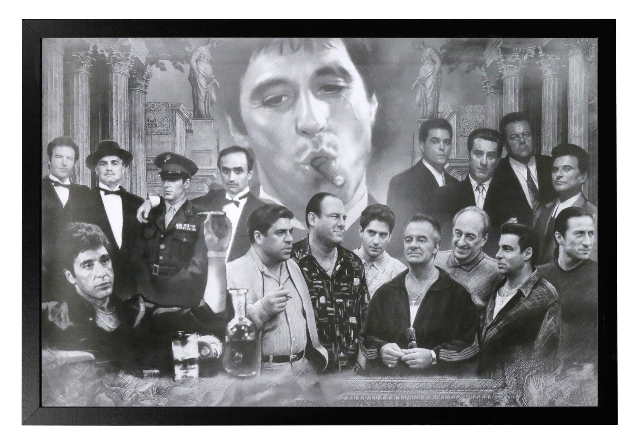 Professionally Framed Gangsters Collage Godfather Goodfellas Scarface Sopranos Movie Poster Print (Black and White)- 24x36 with Solid Black Wood Frame