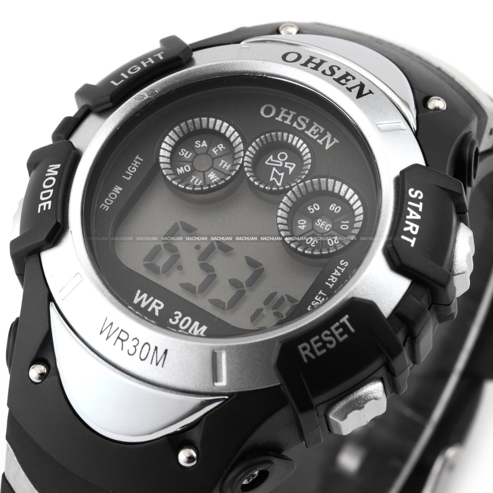 Black Rubber Ohsen LCD Digital Date Day Mens Lady Sport Stopwatch Wrist Watch