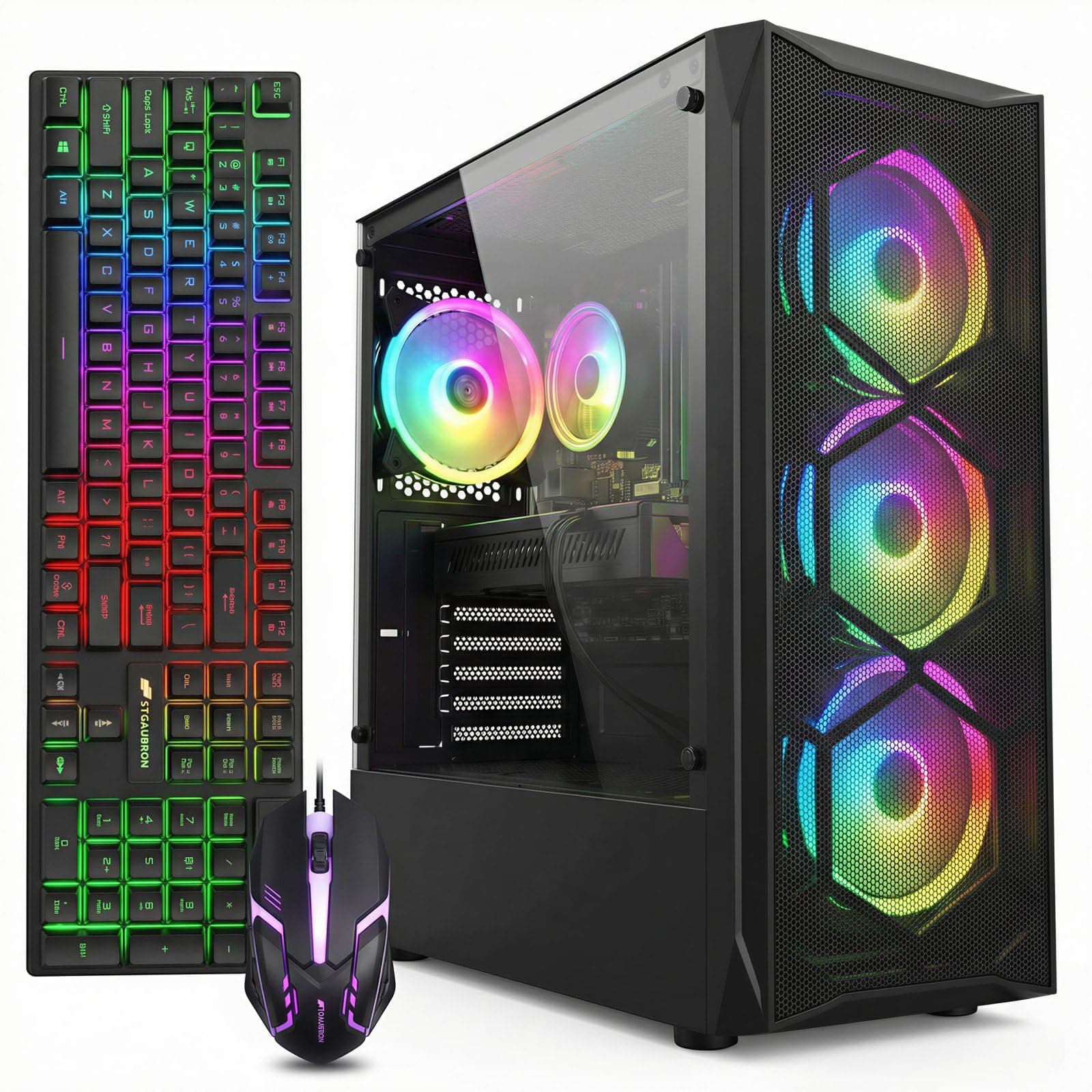 STGAubron Gaming Desktop PC, Intel Core I7 3.4 GHz up to 3.9 GHz, Radeon RX 580 8G GDDR5, 16G RAM, 512G SSD, WiFi, Bluetooth 5.0, RGB Fan x6, Keyboard, Mouse, Mouse Pad, BT Sound Bar, W10H64
