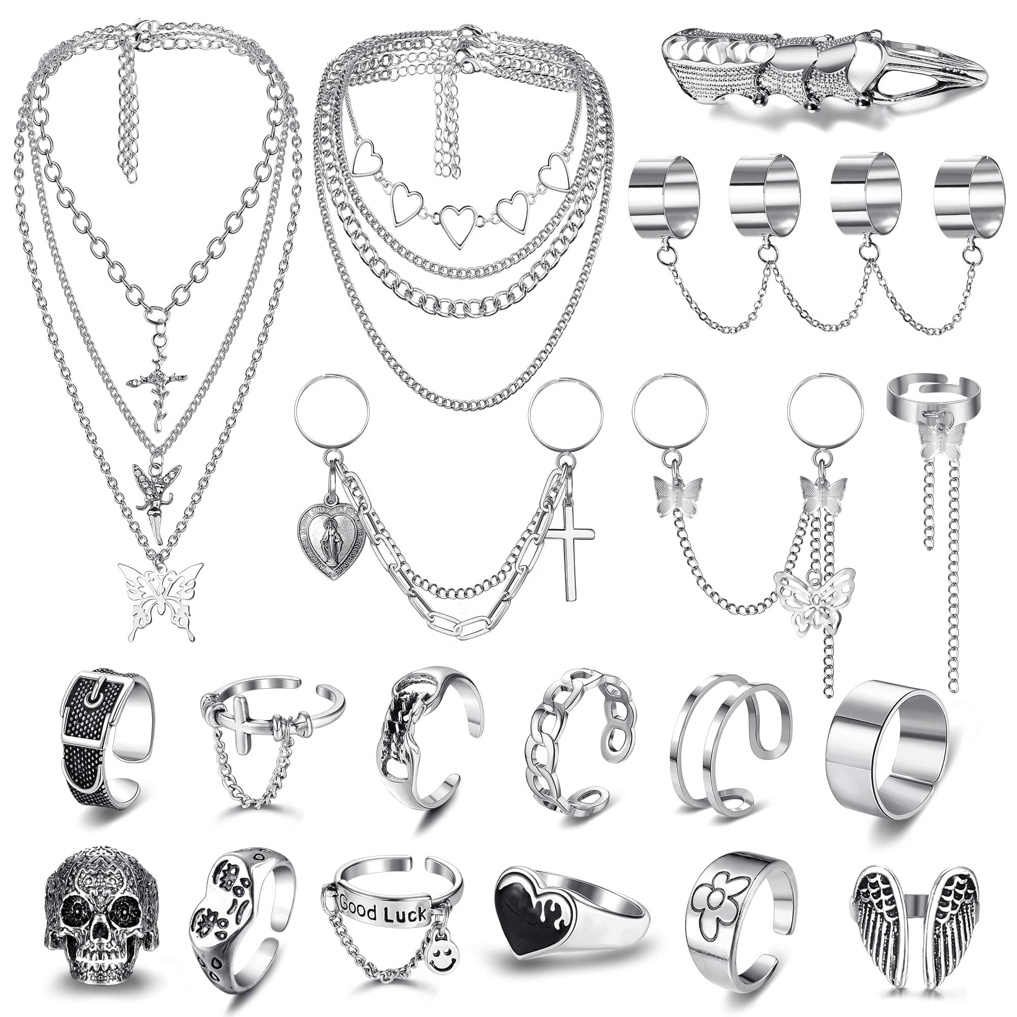 SanfenlyPunk Chain Rings+ Layered Chain Necklace Set for Women Men, Cool Goth Punk Vintage Stackable Open Finger Rings Statement Pendant Choker Necklace Emo Y2K Jewelry
