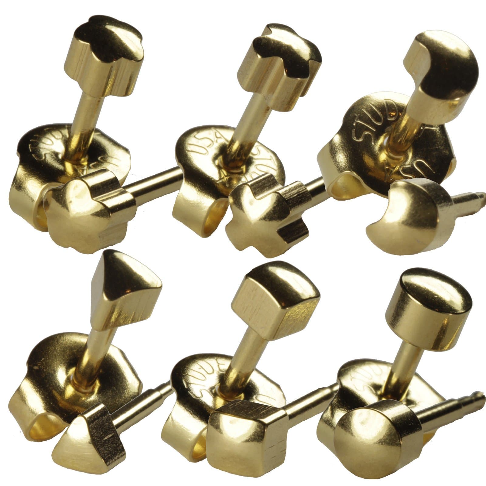 6 Pairs 4mm Gold Shapes Set #2 Studex Ear Piercing Earrings 16ga Thick Post Hypoallergenic