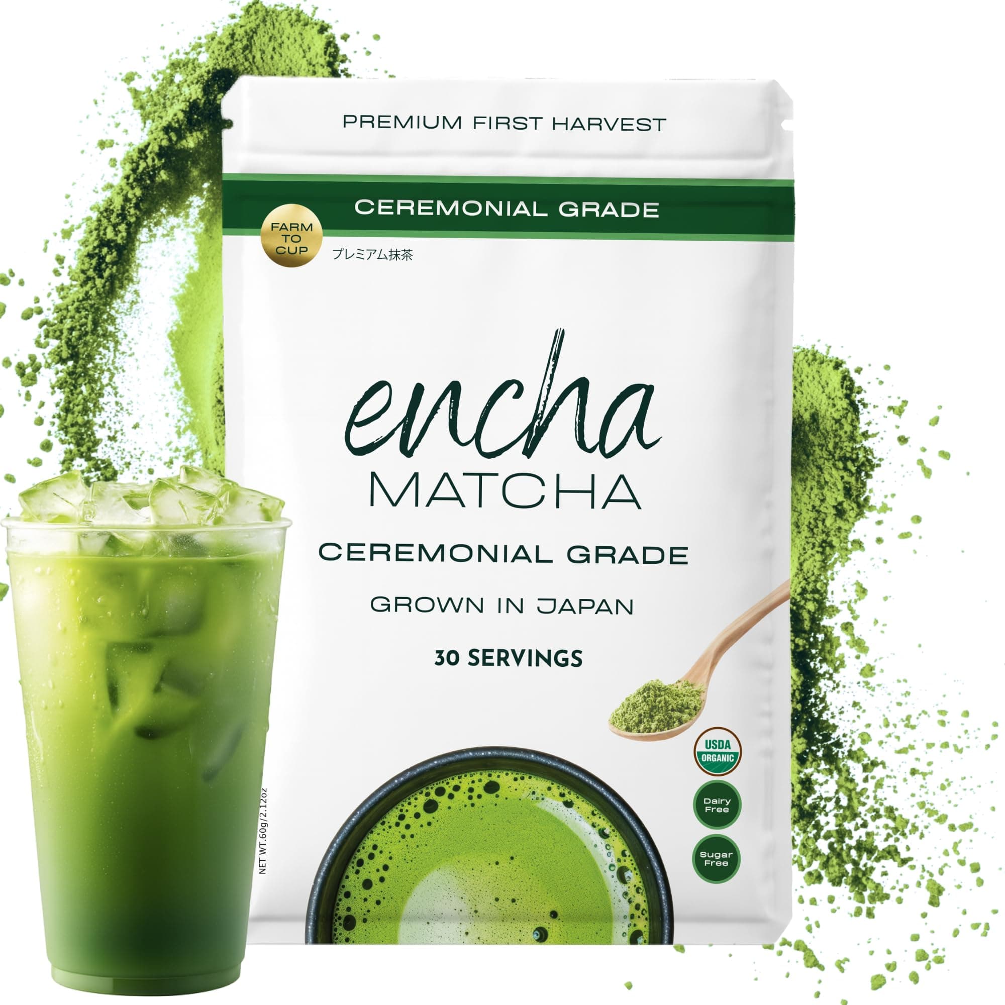 (Ceremonial-Grade (premium 1st harvest), 60g (60ml)) - Encha Organic Matcha (Ceremonial-grade, premium 1st harvest, 60g60ml)