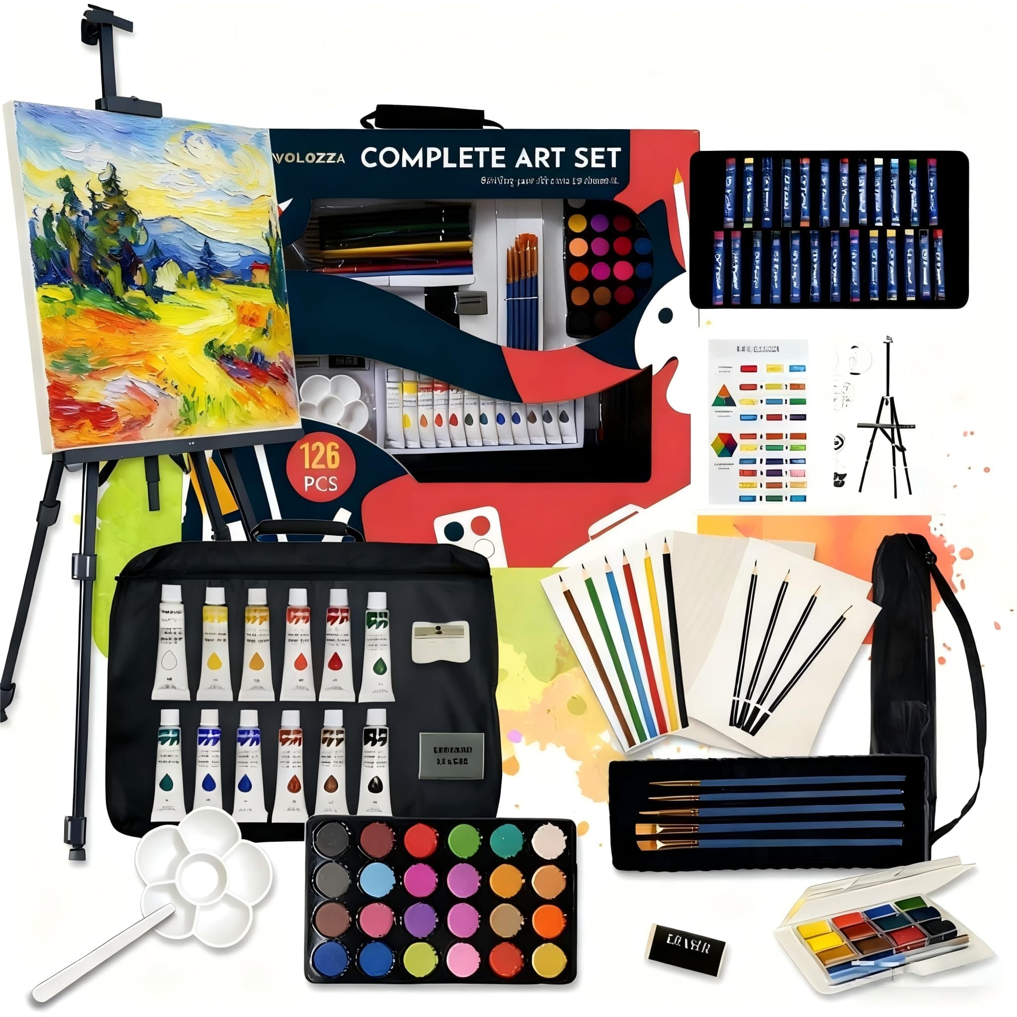 TAVOLOZZA 126 Piece Acrylic Painting Kit with Floor Easel, Oil Arcylic and Watercolor Paint Set, Great Gift for Beginner, Student, Adults and Artists