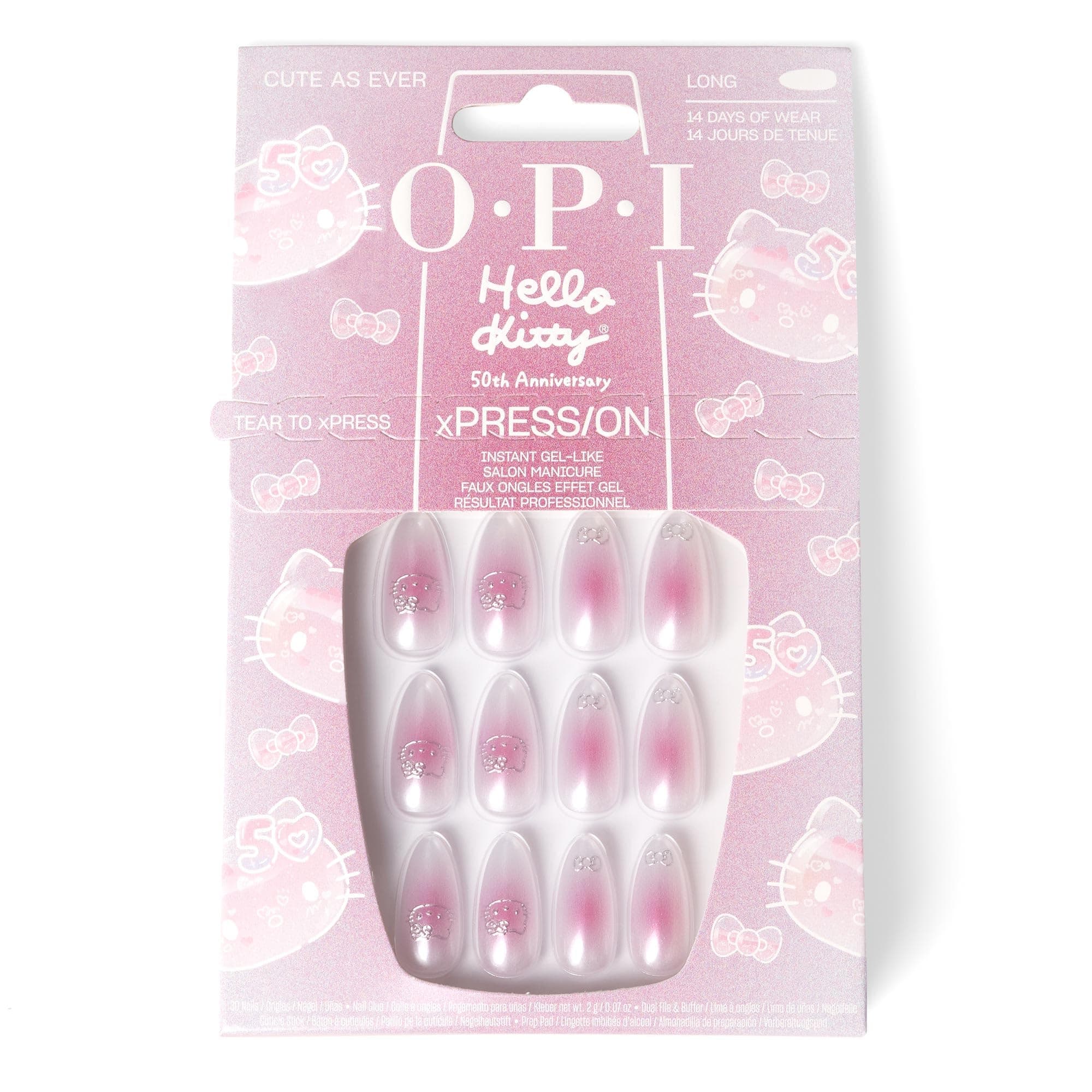 OPI xPRESS/ON Press on Nails | Long Almond Shape Nail Art | 30 Count With Glue | Instant Gel-Like Salon Manicure | Hello Kitty Limited Edition Collection