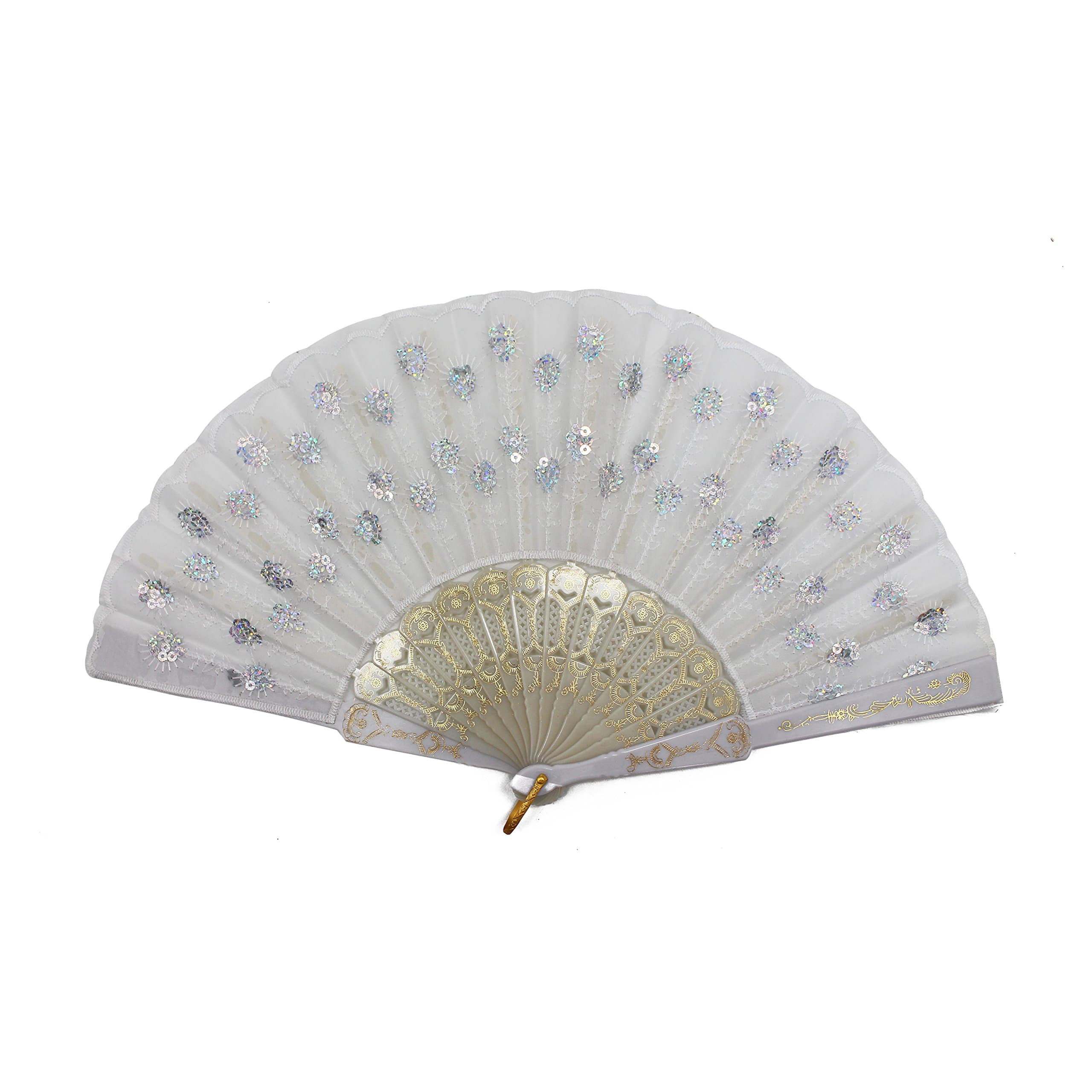 Hand Sequin Folding Fan, 9'' Peafowl Handmade Fan Perfect Ballet and Dance Fan, Fabric Folding Fan for Party, Wedding and Dance Decoration (White)