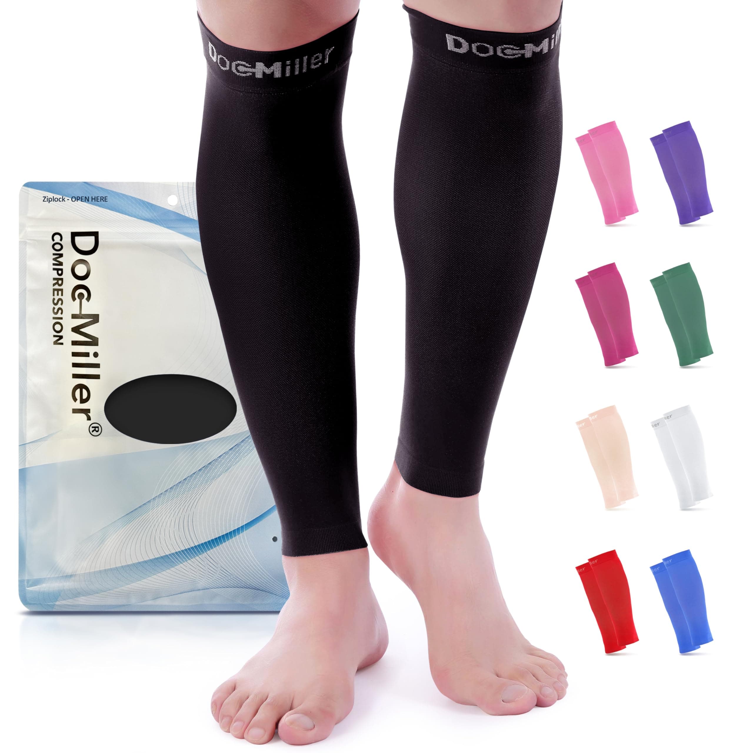 Doc Miller Compression Calf Sleeve for Men & Women, Premium Medical Grade, 15-20mmHg Graduated Support for Running, Calf Tear, Shin Splints, Knee High, Calf Sleeves, 1 Pair