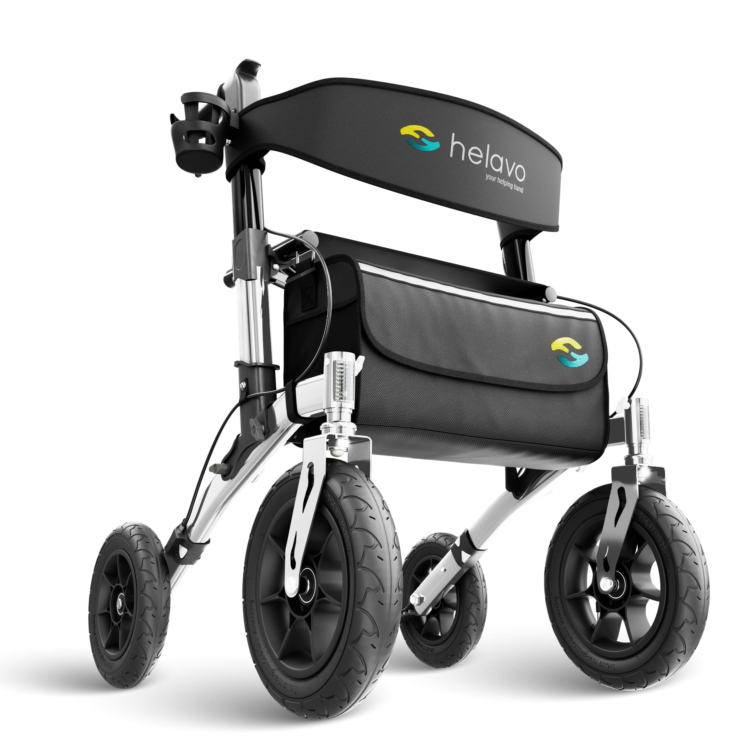 Helavo All Terrain Walker with Puncture-Proof, Flat-Free Solid Rubber Tires, 12" Wheels - Foldable Outdoor Walker for Seniors with Seat, Ergonomic Handles and Extra Padded Backrest
