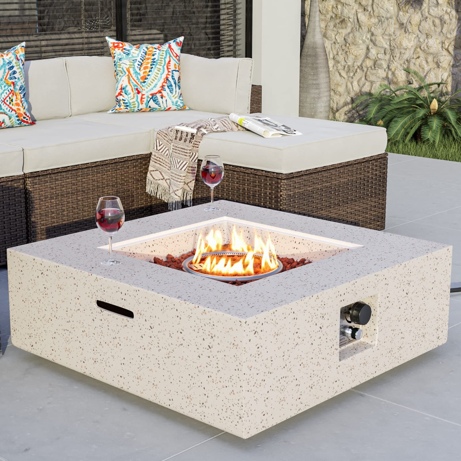 Outdoor Propane Fire Pit Coffee Table w Square Faux Stone 35-inch Base, 50,000 BTU Stainless Steel Burner, Free Lava Rocks and Rain Cover
