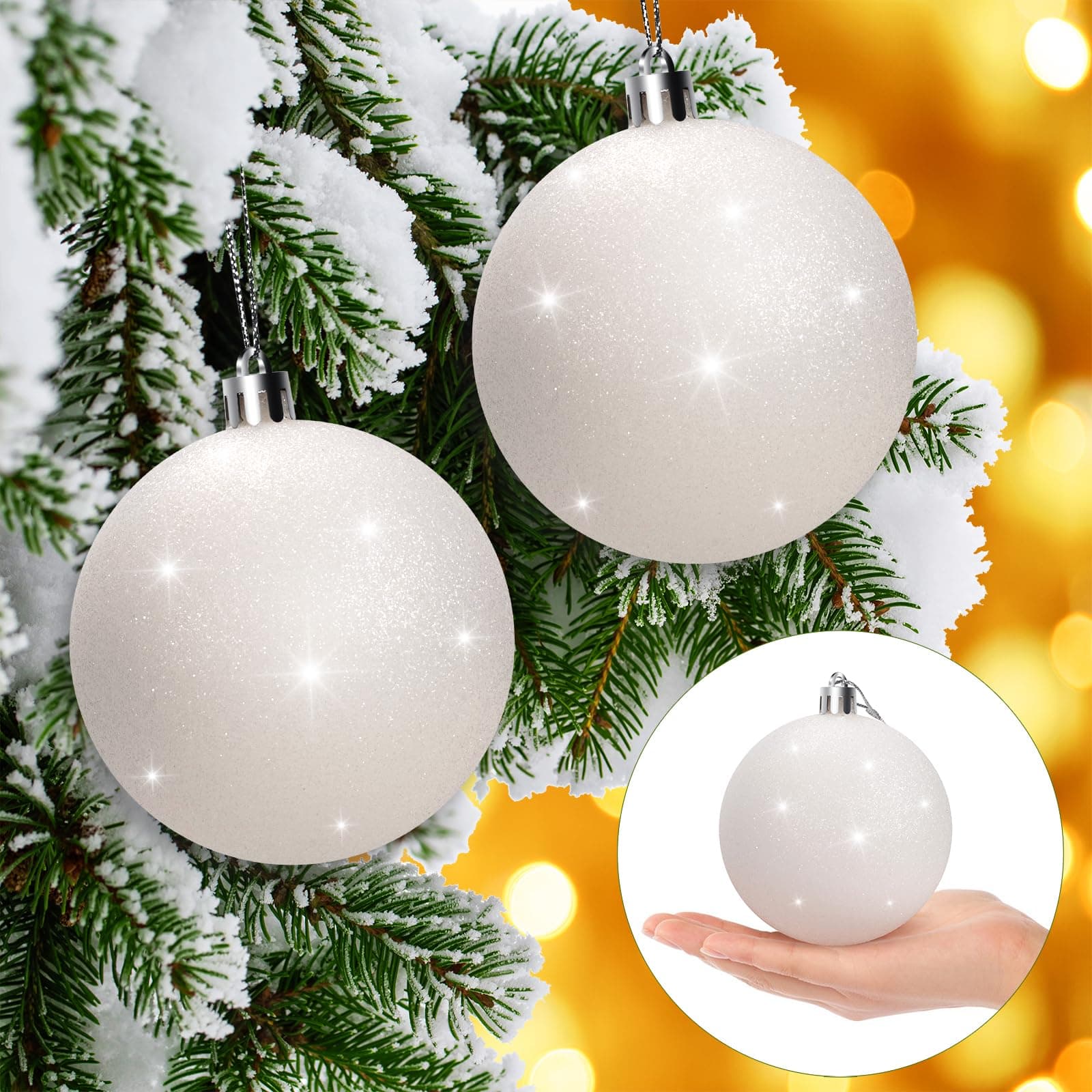SUNEZLGO12 Pack Large Christmas Ornaments Balls,3.15 Inch Glitter Snowball Ornaments for Christmas Tree,Shatterproof Xmas Bulbs White Decorations,Plastic Hanging Christmas Tree Ball for Wedding Party