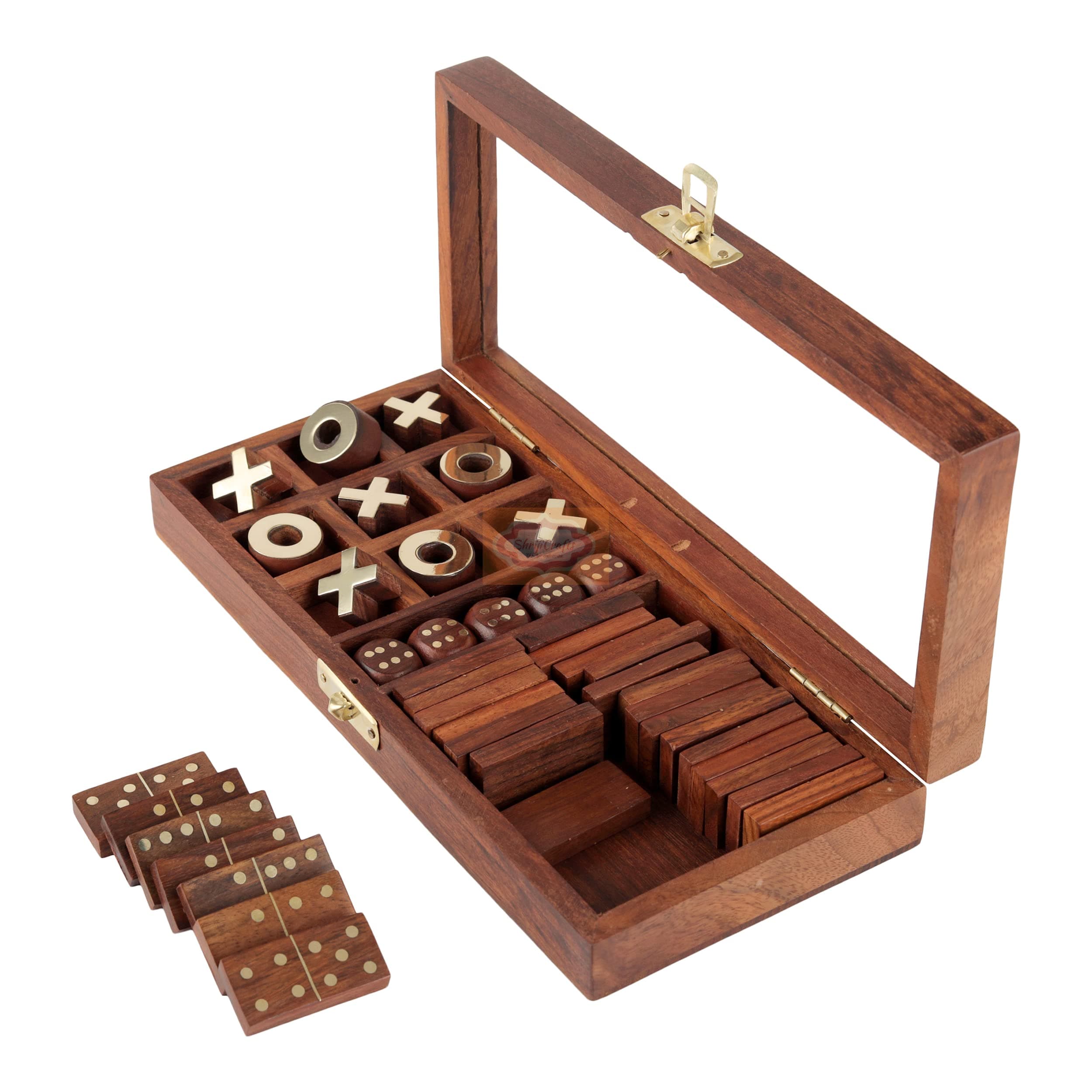 - Handicrafts Wooden 3-in-1 Parlour Game Set | 28 Dominoes, 9 Tic-Tac-Toe Tokens and 5 Wooden Dice | Play 3 Classic Board Games