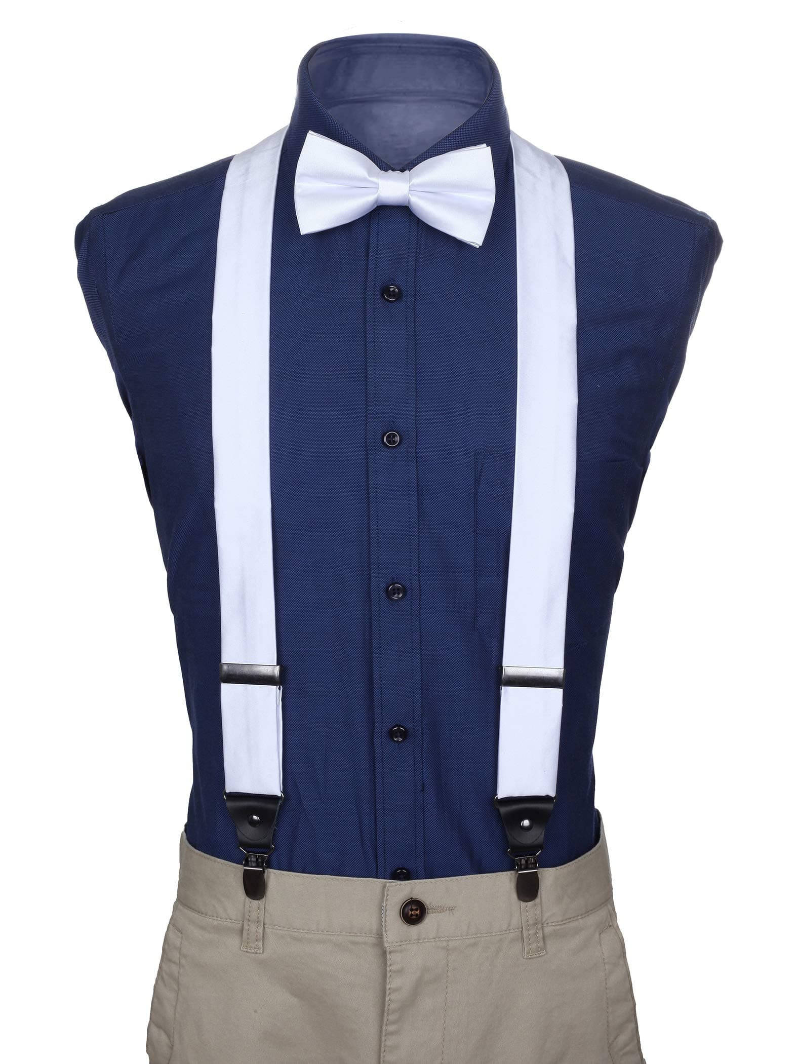 Marino AvenueMarino Suspenders and Bow Tie Set - Dress Suspenders For Men - Silk-Like Pants Suspenders - White - 42"