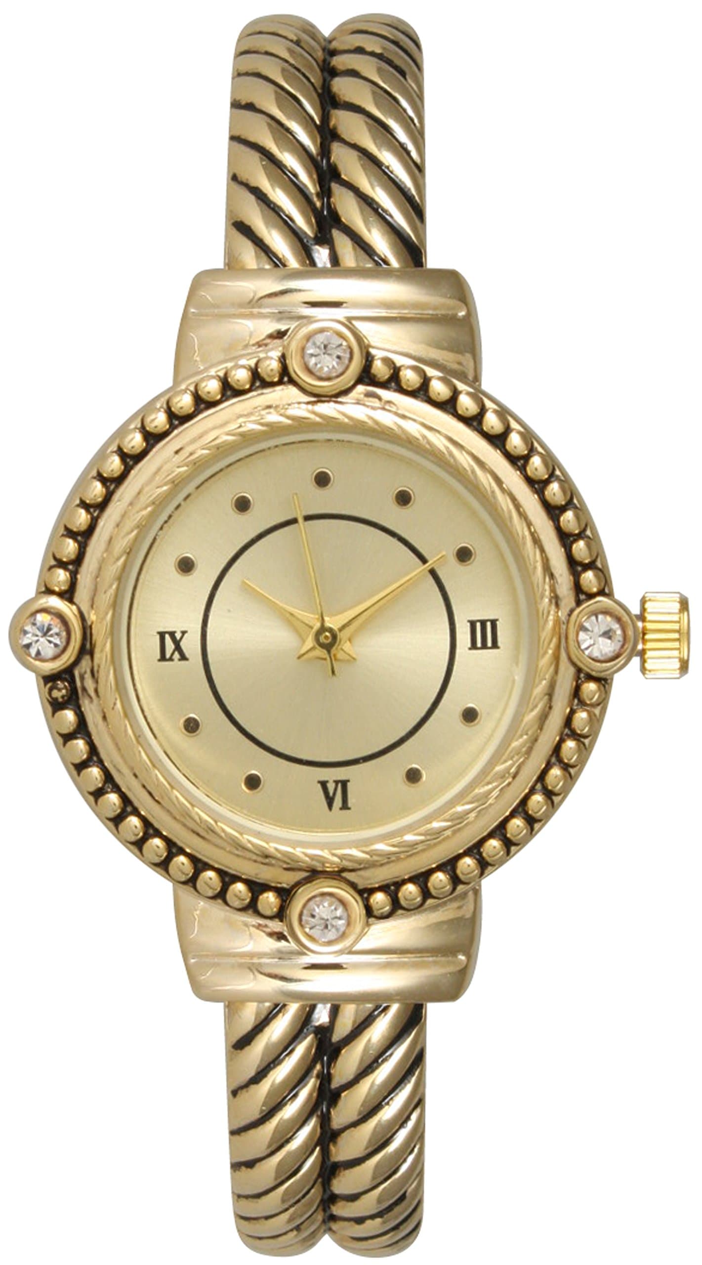 Ladies Western Design Metal Bangle/Cuff Watch with Rhinestones on Bezel (Gold)