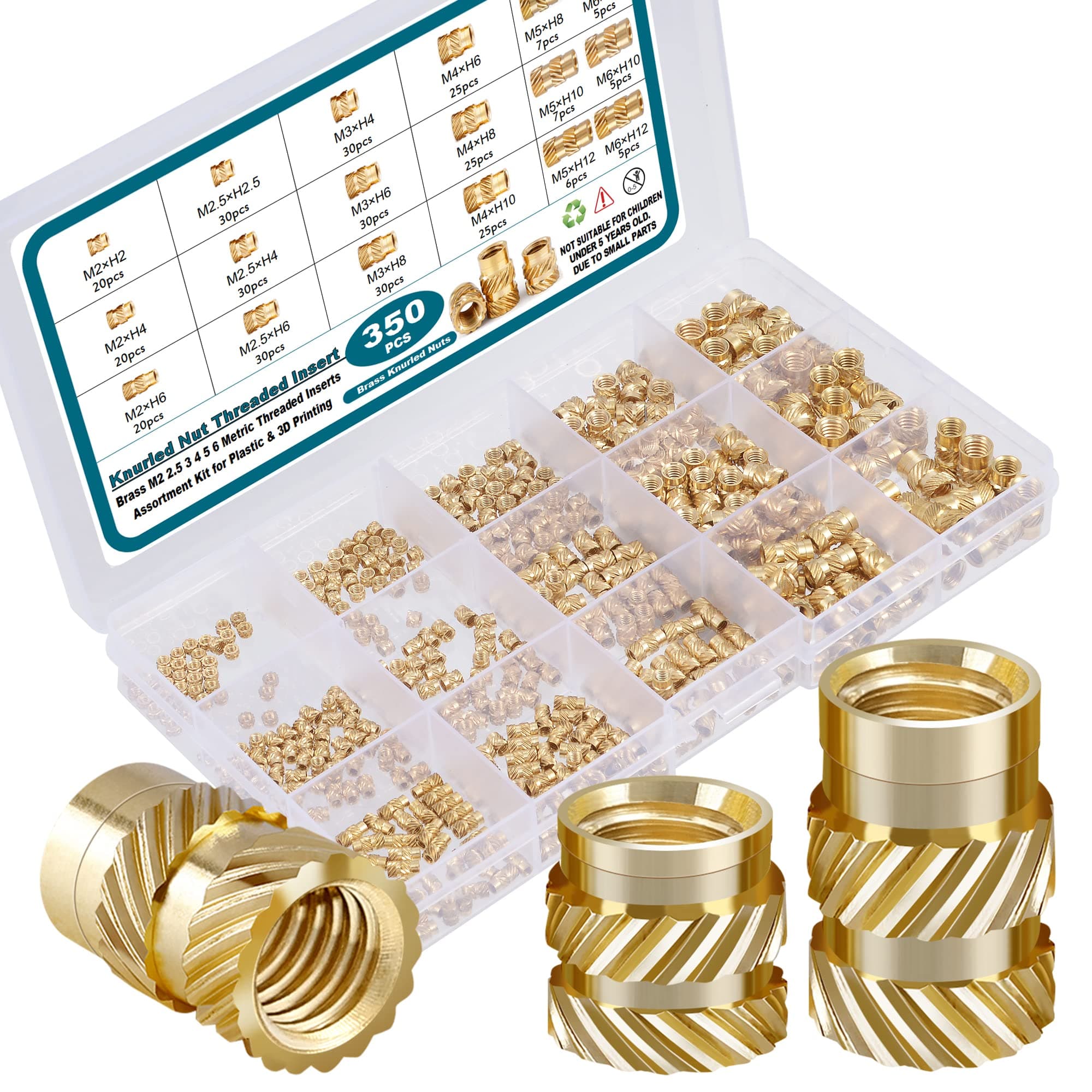 350Pcs Threaded Inserts M2 M2.5 M3 M4 M5 M6 Female Thread Metric Knurled Nuts Assortment Kit Brass Heat Set Insert for Plastic and 3D Printing Components