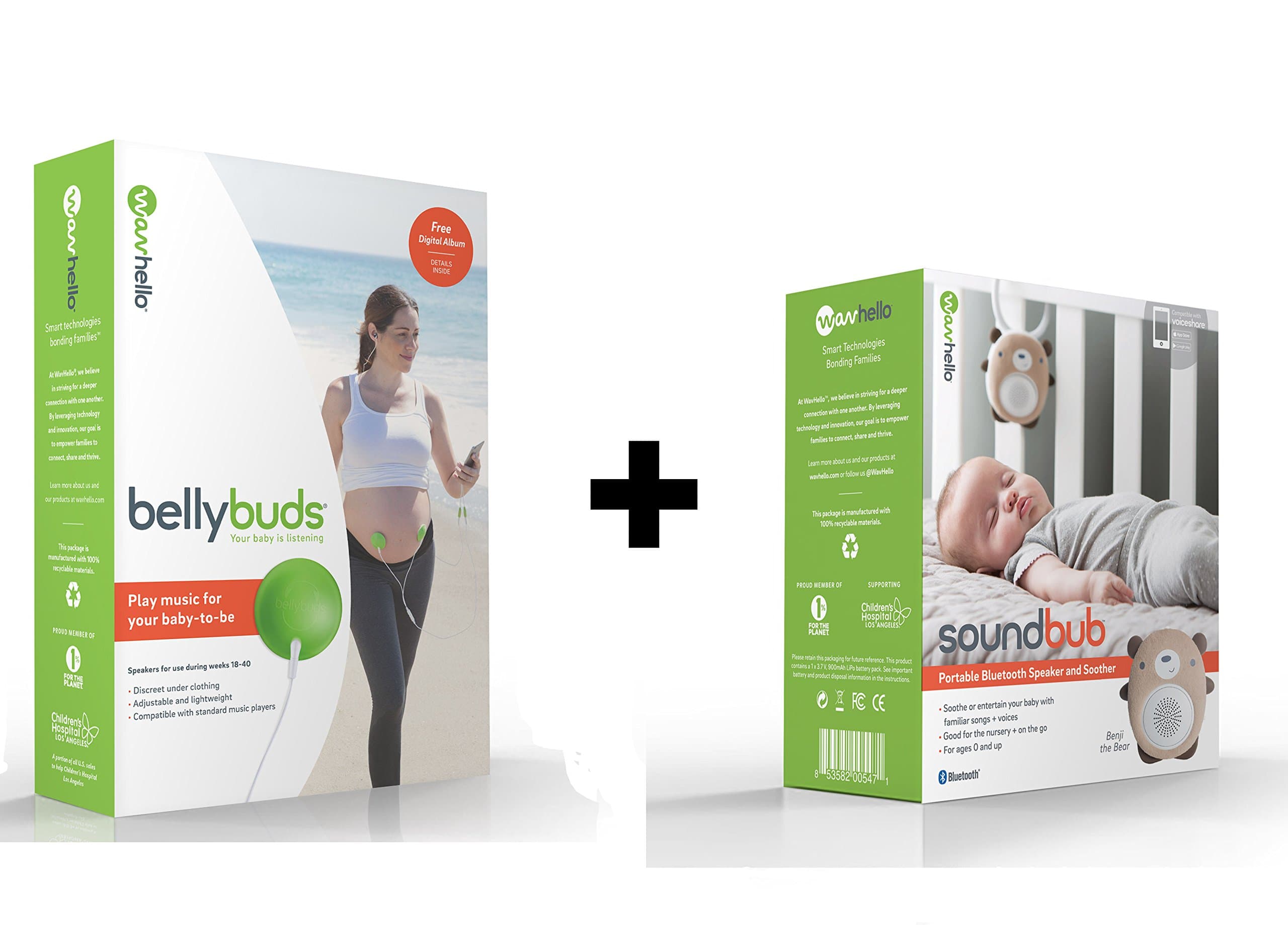 BELLYBUDS, Pregnancy Baby-Bump Headphones & SOUNDBUB, White Noise Machine and Bluetooth Speaker Bundle Pack | Benji The Bear, Brown