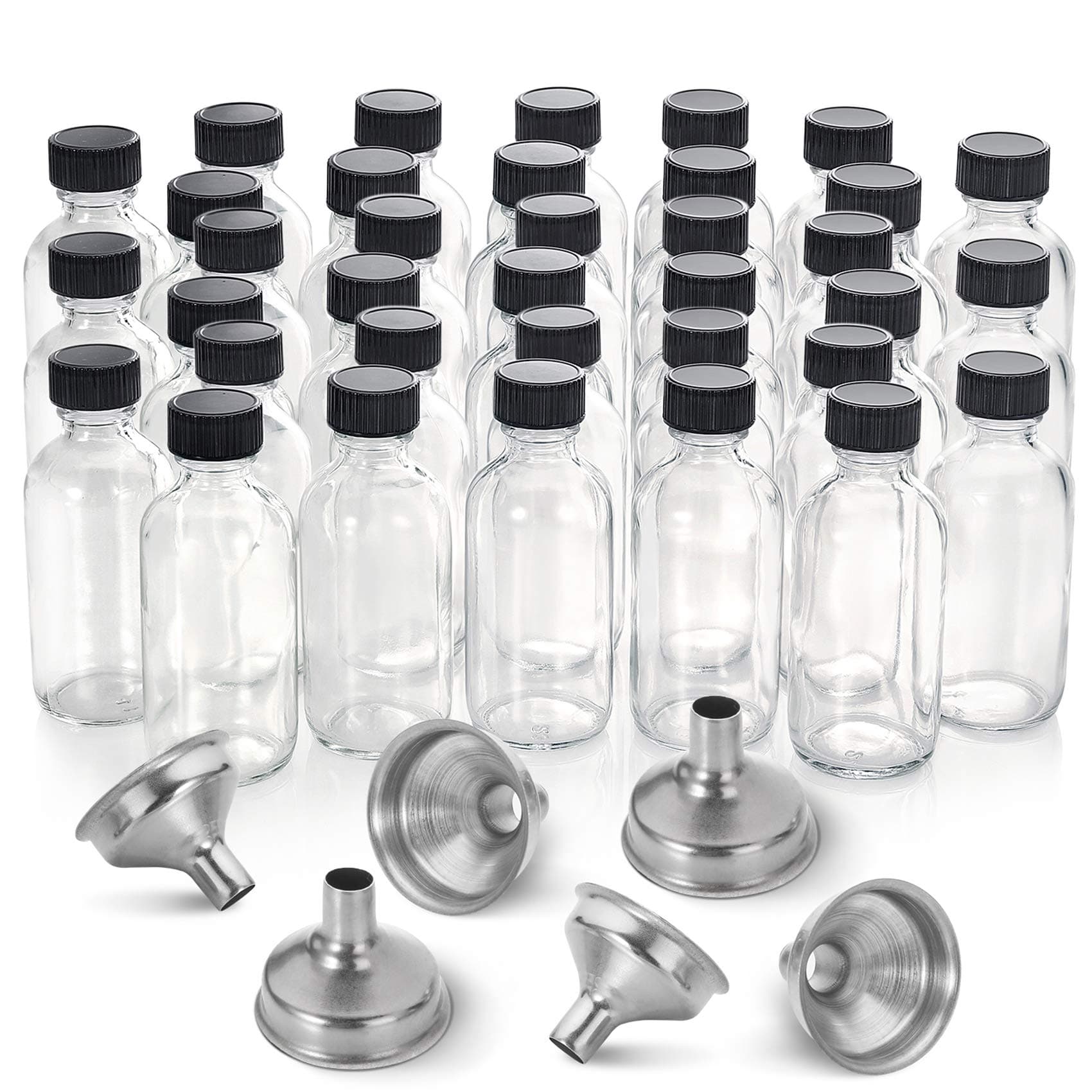 36, 2 oz Small Clear Glass Bottles (60ml) with Lids & 3 Stainless Steel Funnels - Boston Round Sample Bottles for Potion, Juice, Ginger Shots, Whiskey, Liquids - Mini Travel Bottles, NO Leakage