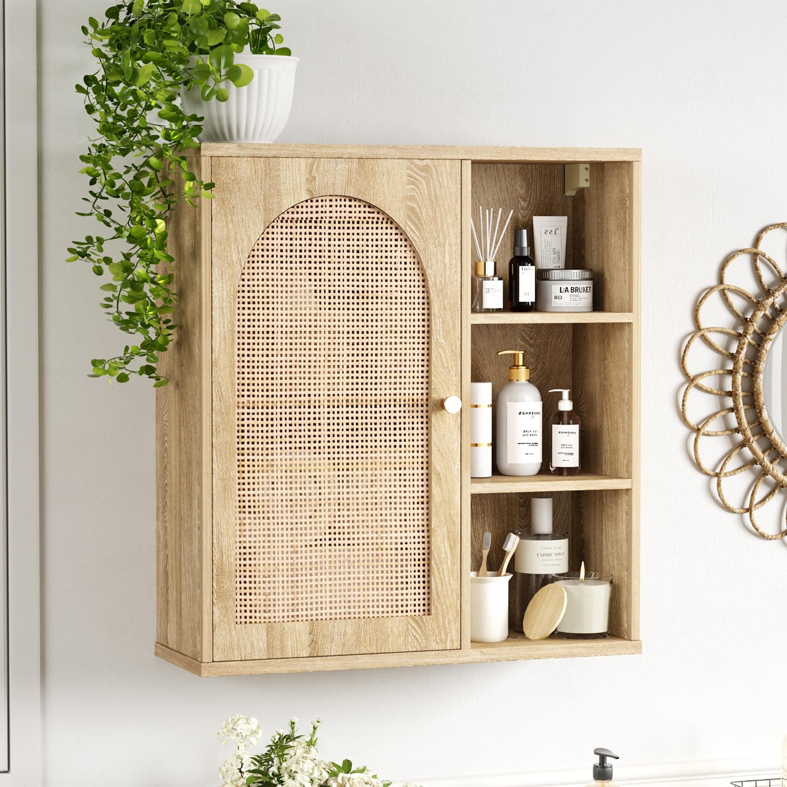 Rattan Bathroom Wall Cabinet with Door, Boho Medicine Wall Cabinets with Adjustable Shelves, Tall Kitchen Wall Mounted Storage Cabinet, Floating hanging cabinet Space Saver for Laundry Room, Natural