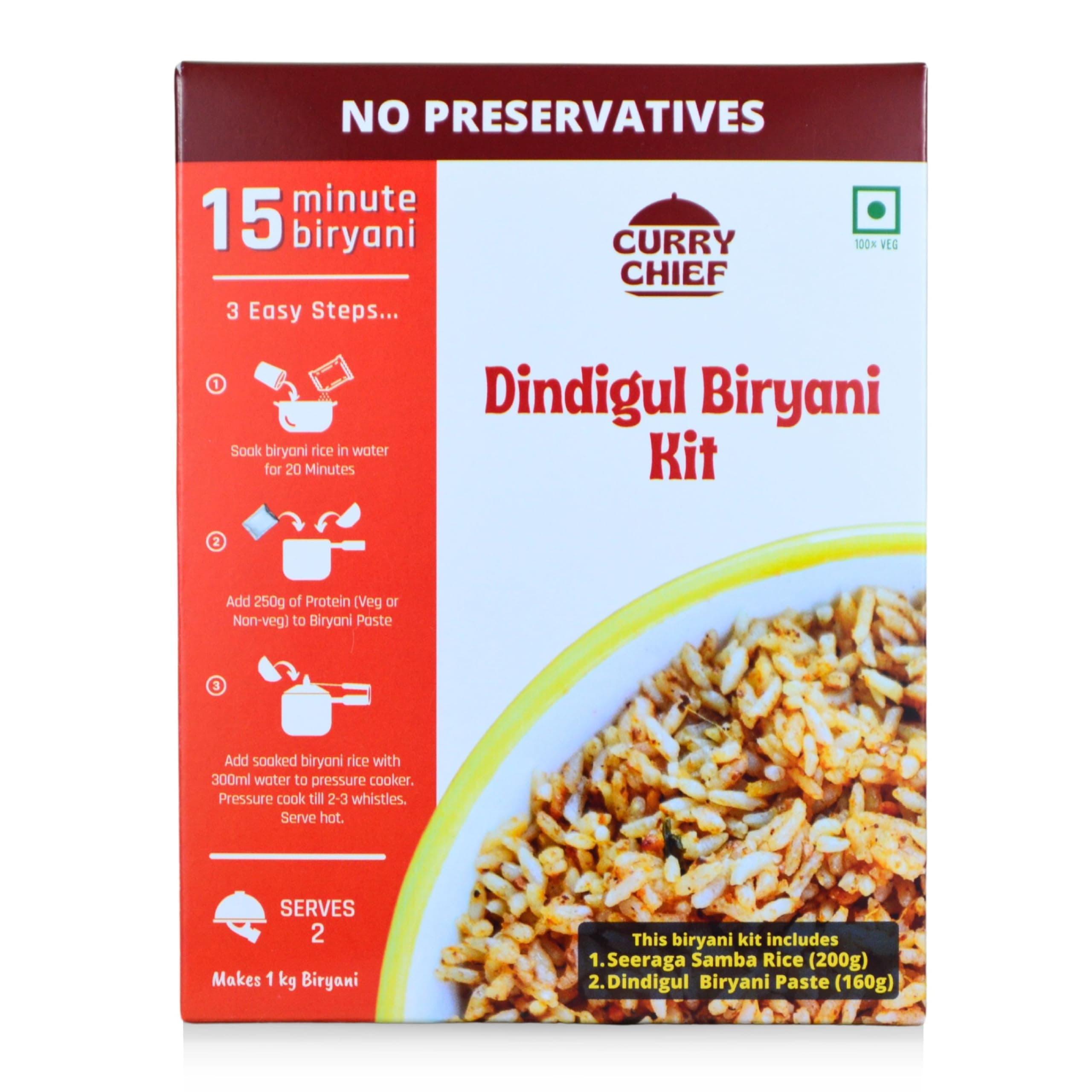 CurryChief Dindigul Biryani Kit | Includes Biryani Paste (175g) and Biryani Rice (200g) Just add Protein to cook | Cook in Just 15 Minutes | Ready to Cook | 100% Veg | 100% Natural | No Preservatives | Premium Ingredients | Cow Ghee | Serves 2-3