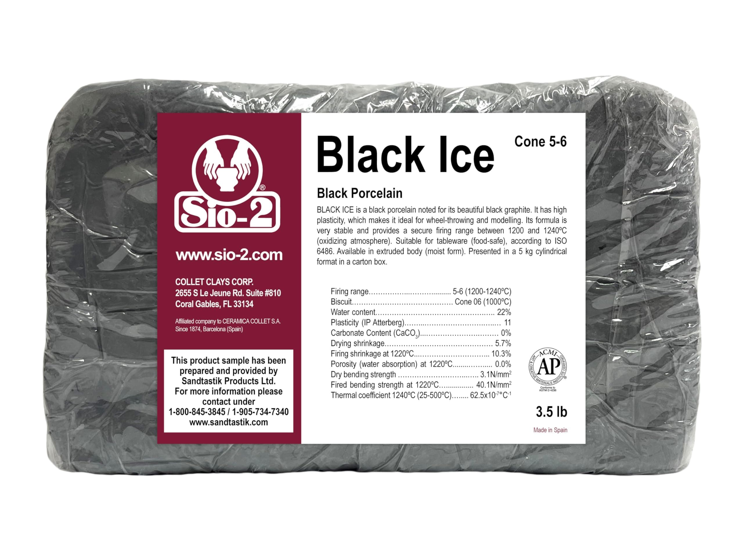 SIO-2 Black Ice High Fire Porcelain Clay, 3.5 lb (Cone 5-6) Natural Modeling Pottery Clay for Wheel Throwing & Hand Building