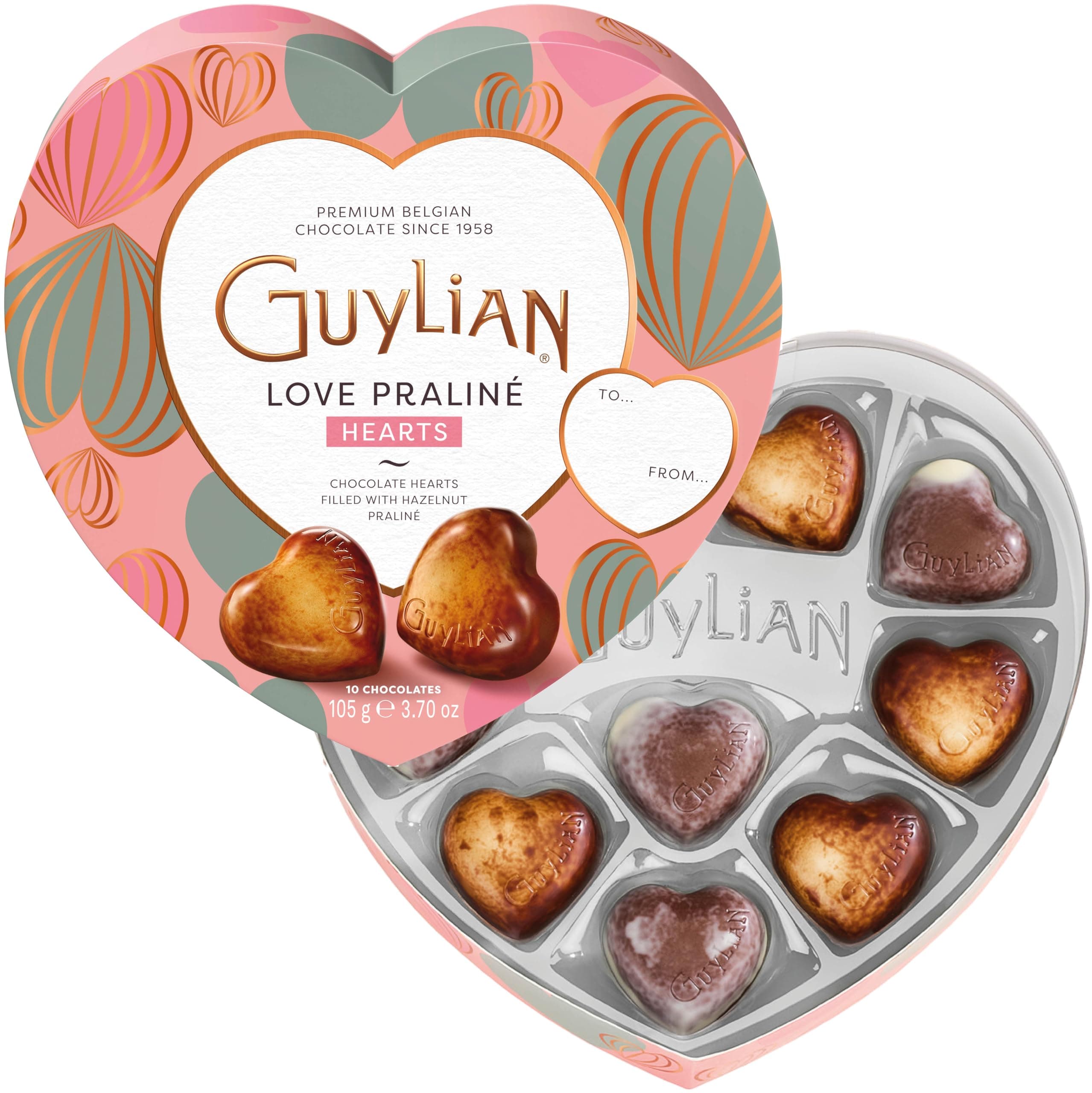 GuyLian Belgian Chocolate Heart Gift Box, 3.7 oz, 10 pc Assorted Praliné Candies, White, Milk & Dark Chocolate