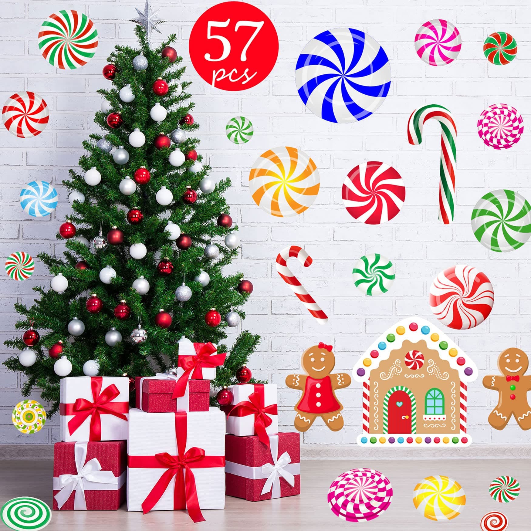 Funnlot 57 PCS Peppermint Floor Decals Christmas Candy Stickers Candy Floor Decals for Christmas Floor Decals Candy Party Wall Decals Stickers Xmas for Candyland Decoration