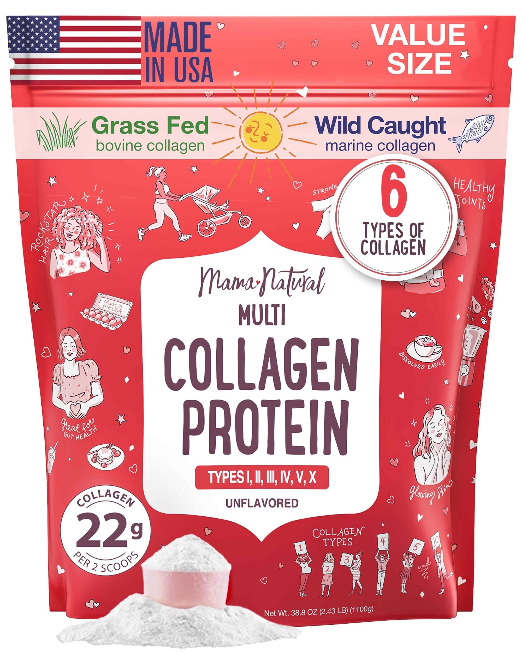 Multi Protein Collagen Powder (100 Servings) - Unflavored and Hydrolyzed with 6 Types (1, 2, 3, 4, 5 & 10) - Pure Collagen Peptides for Women - Grass-Fed Beef, Wild Fish and