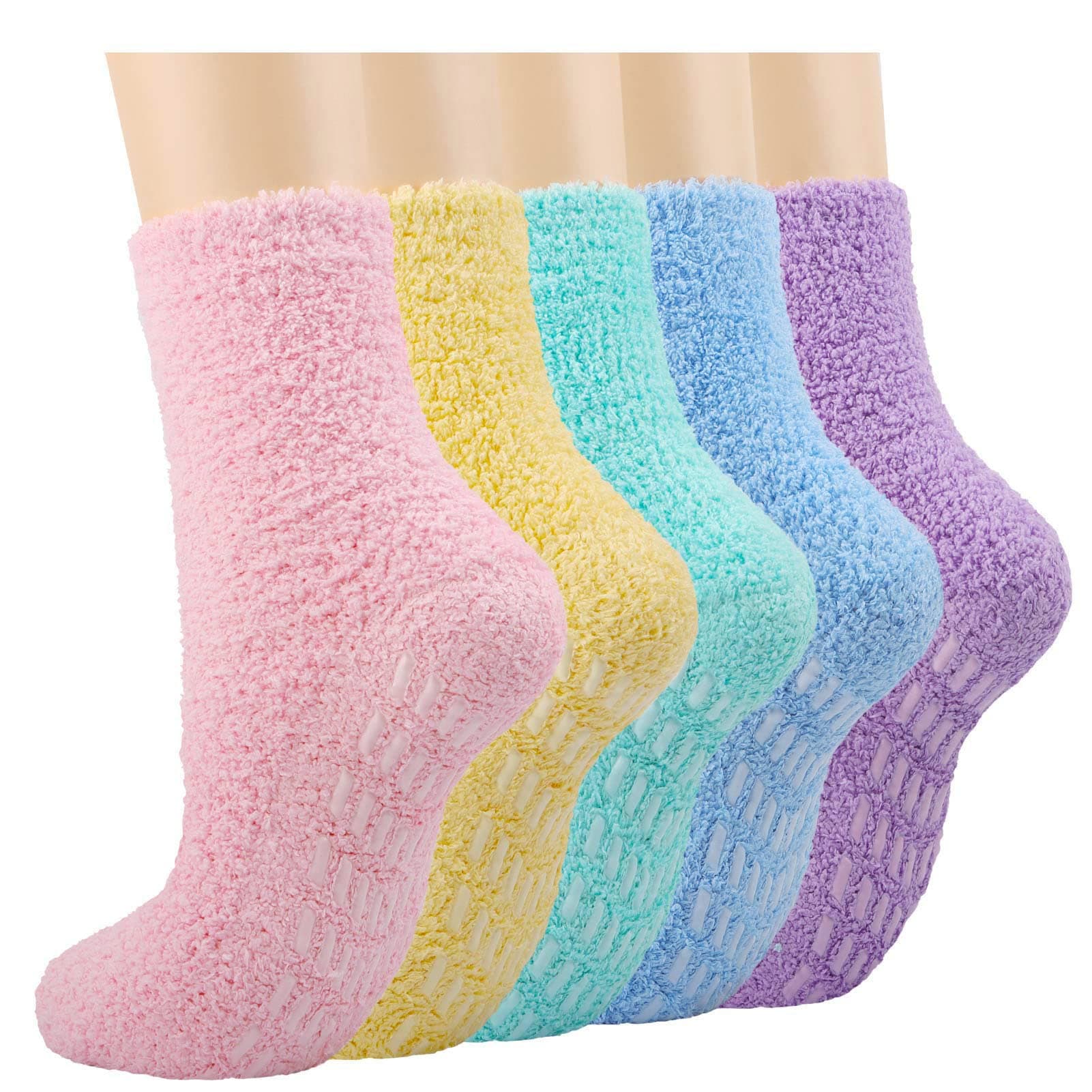 Fluffy Slipper Socks for Women and Girls, 5 Pairs Warm Cosy Bed Fuzzy Socks with Grips, Winter Thermal Non Slip Grip Socks for Causal Home Sleeping