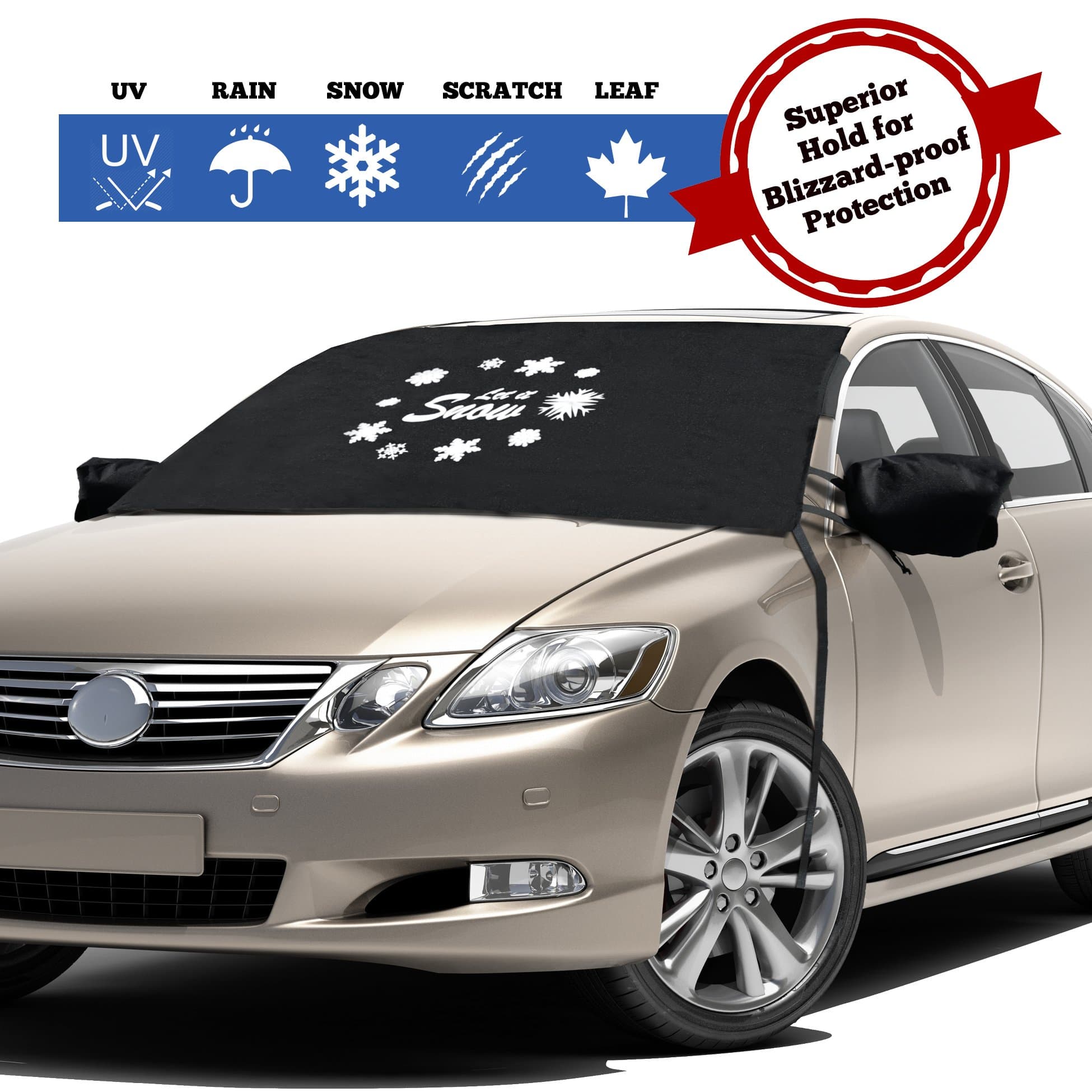 Windshield Cover for Ice and Snow - Fits Most Cars, Trucks, Minivans, SUVs and F150s - Weatherproof and Windproof Ear Flaps, Adjustable Suction Cups, Strings and Mirror Covers (45X64)