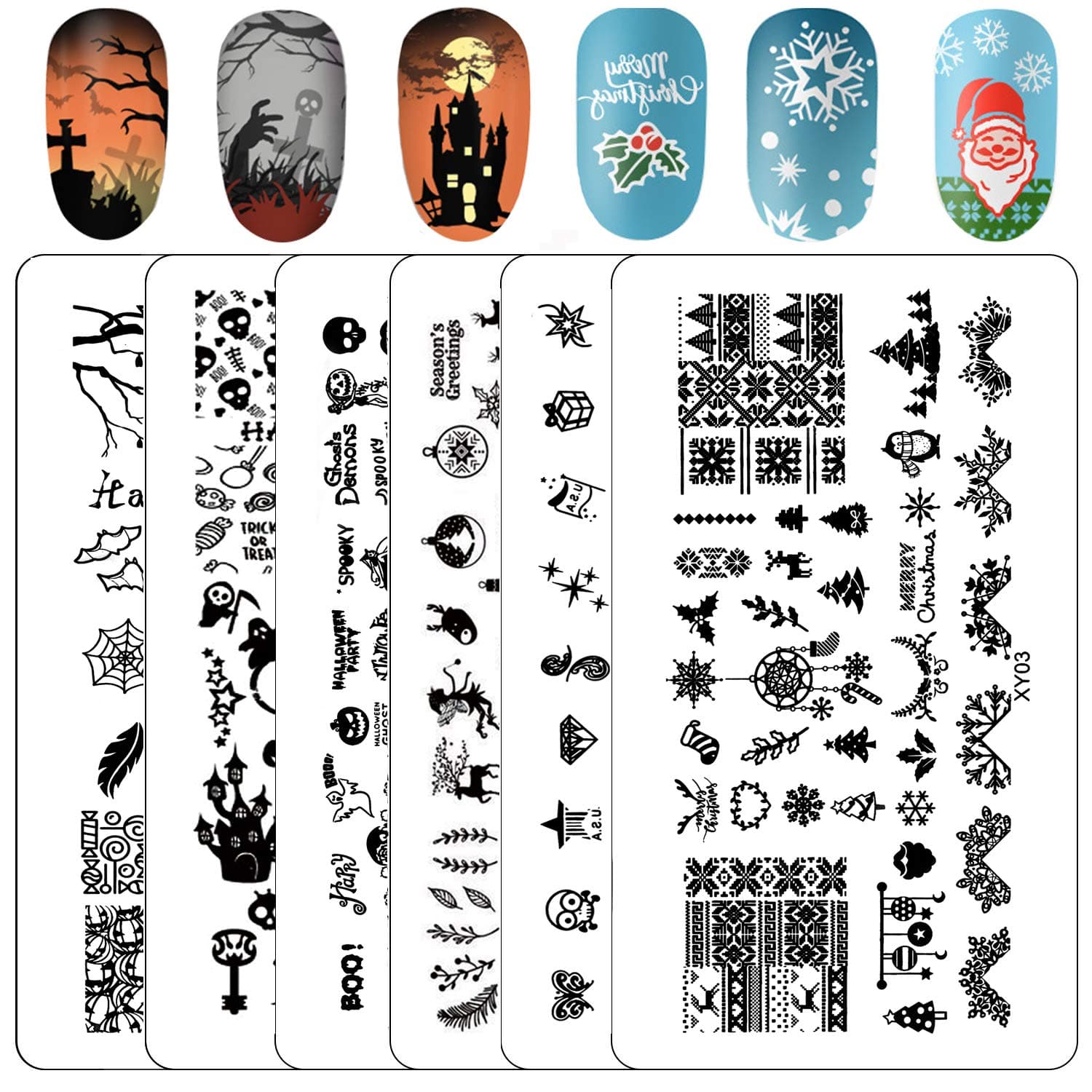 Kyerivs Nail Stamping Plates Christmas Snowflake Nail Stamping Kit Halloween DIY Nail Art Stamp Template Scraper Stamper Set, 6Pcs