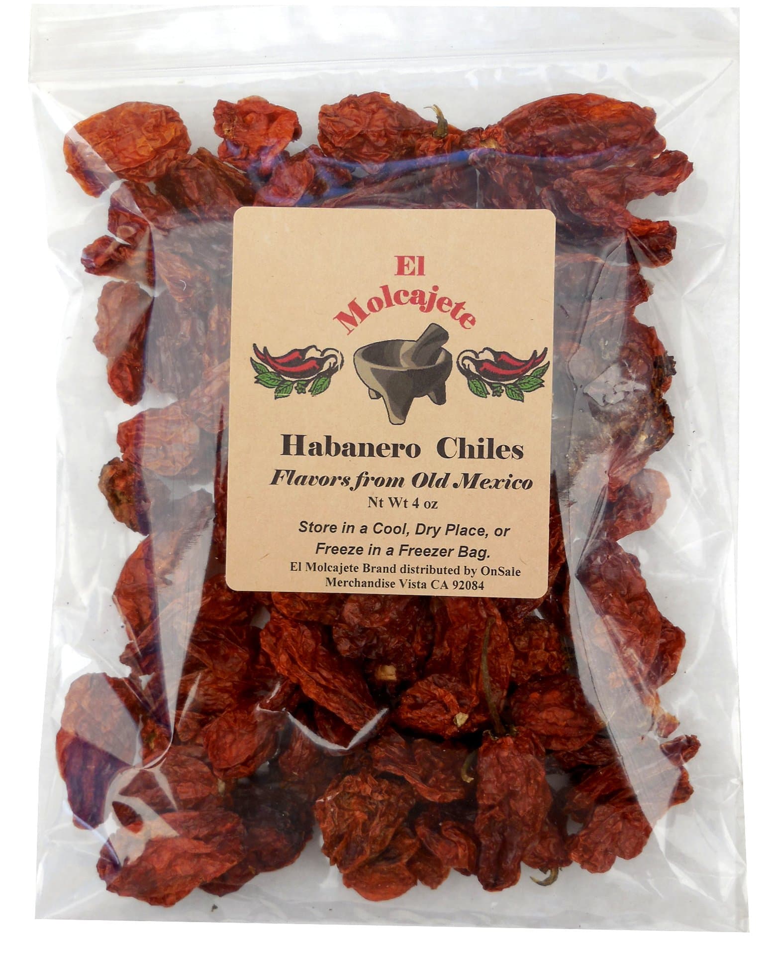 Dried Habanero Chiles El Molcajete Brand 4 oz Resealable Bag ‐ Mexican Recipes, Chilis Tamales, Salsa, Chili, Meats, Soups, Mole, Stews & BBQ El Molcajete