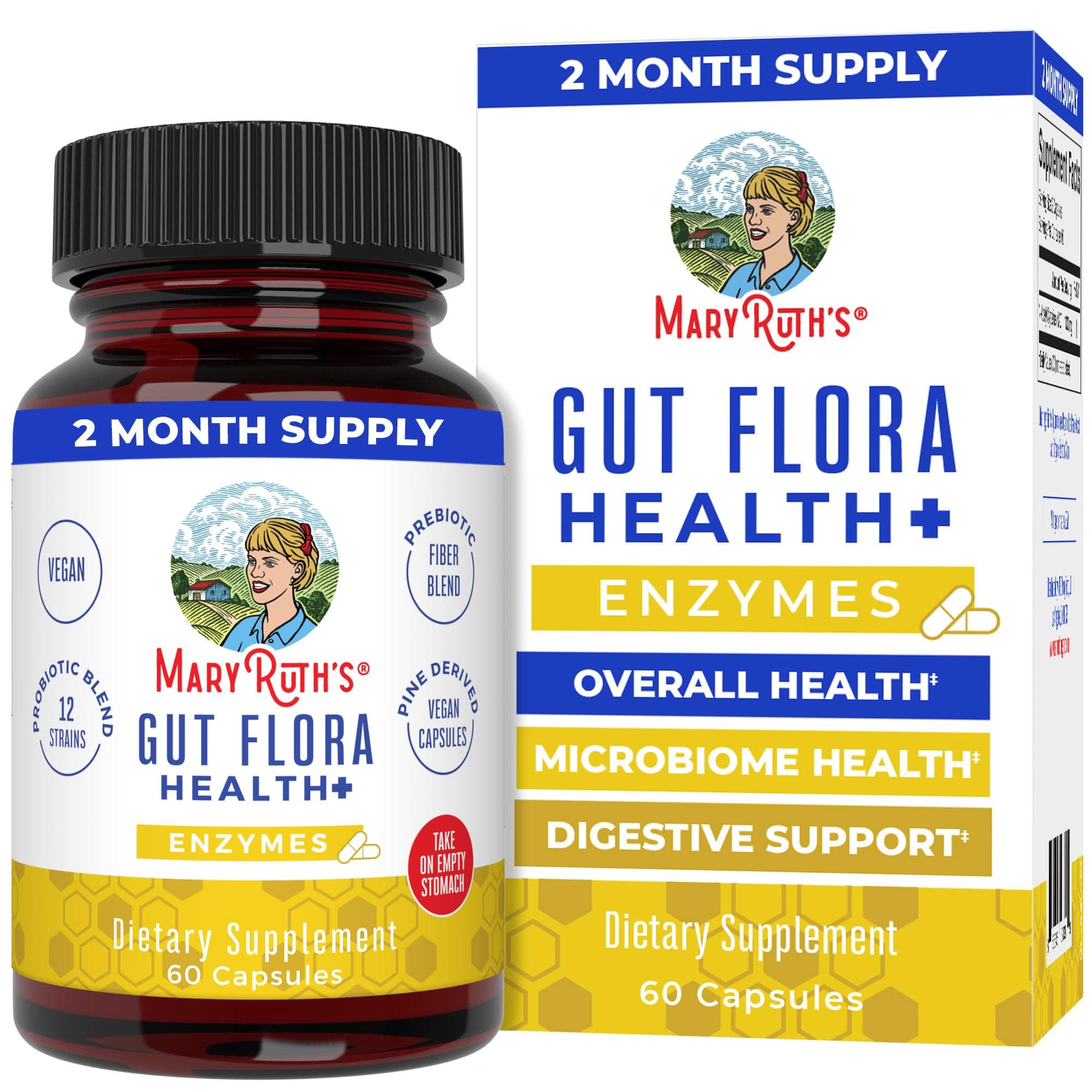 Gut Flora Health+ Enzymes by | Vegan Prebiotic Probiotic Digestive Enzyme Blend for Healthy Gut Biome & Digestive Support | Immune Function & Gastrointestinal Health | 2 Month Supply