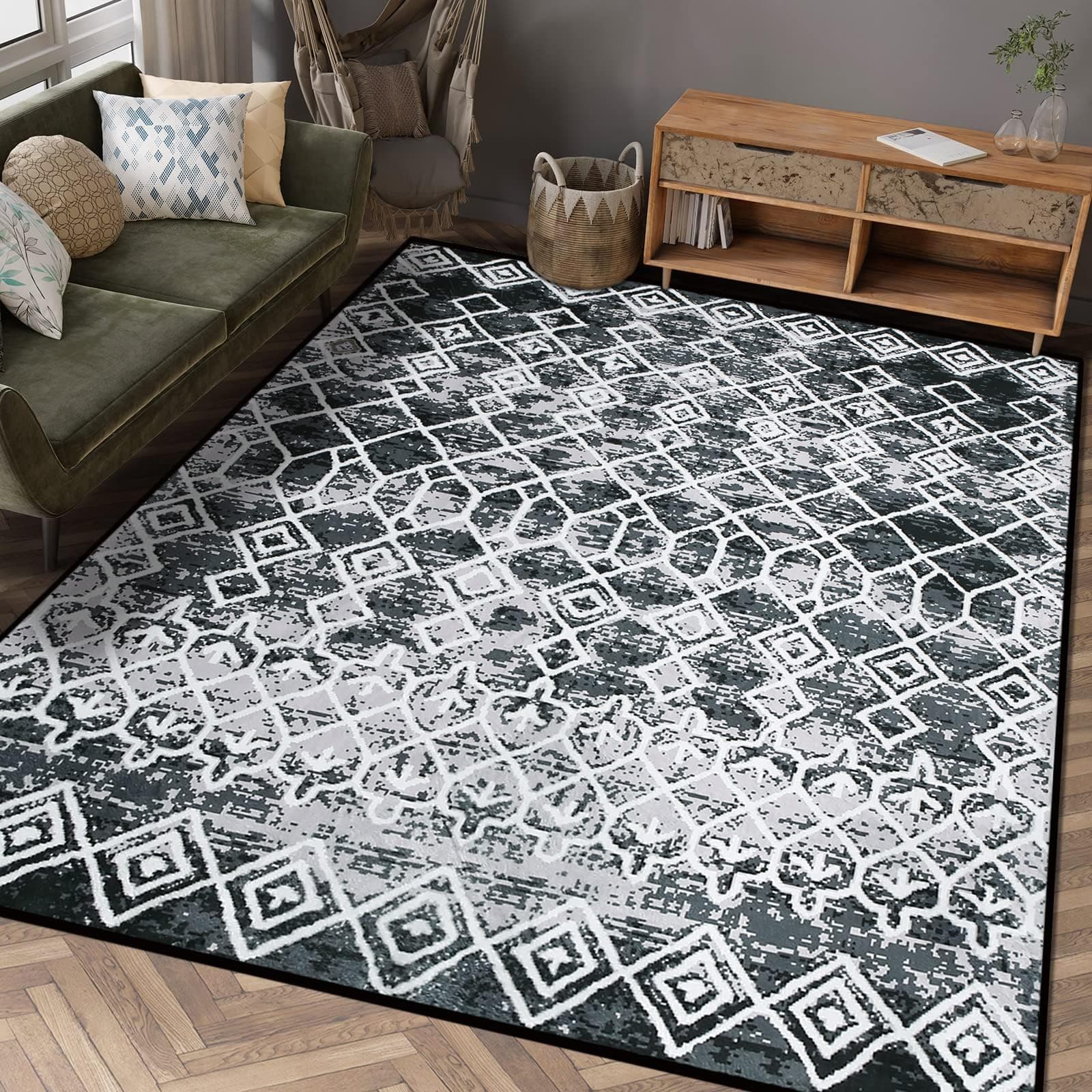 Leesentec Washable Rugs for Living Room Non-Slip Area Rugs Modern Abstract Carpet Soft Short Pile Rugs for Bedroom Home Decor (Black/Grey, 160 x 200 cm)