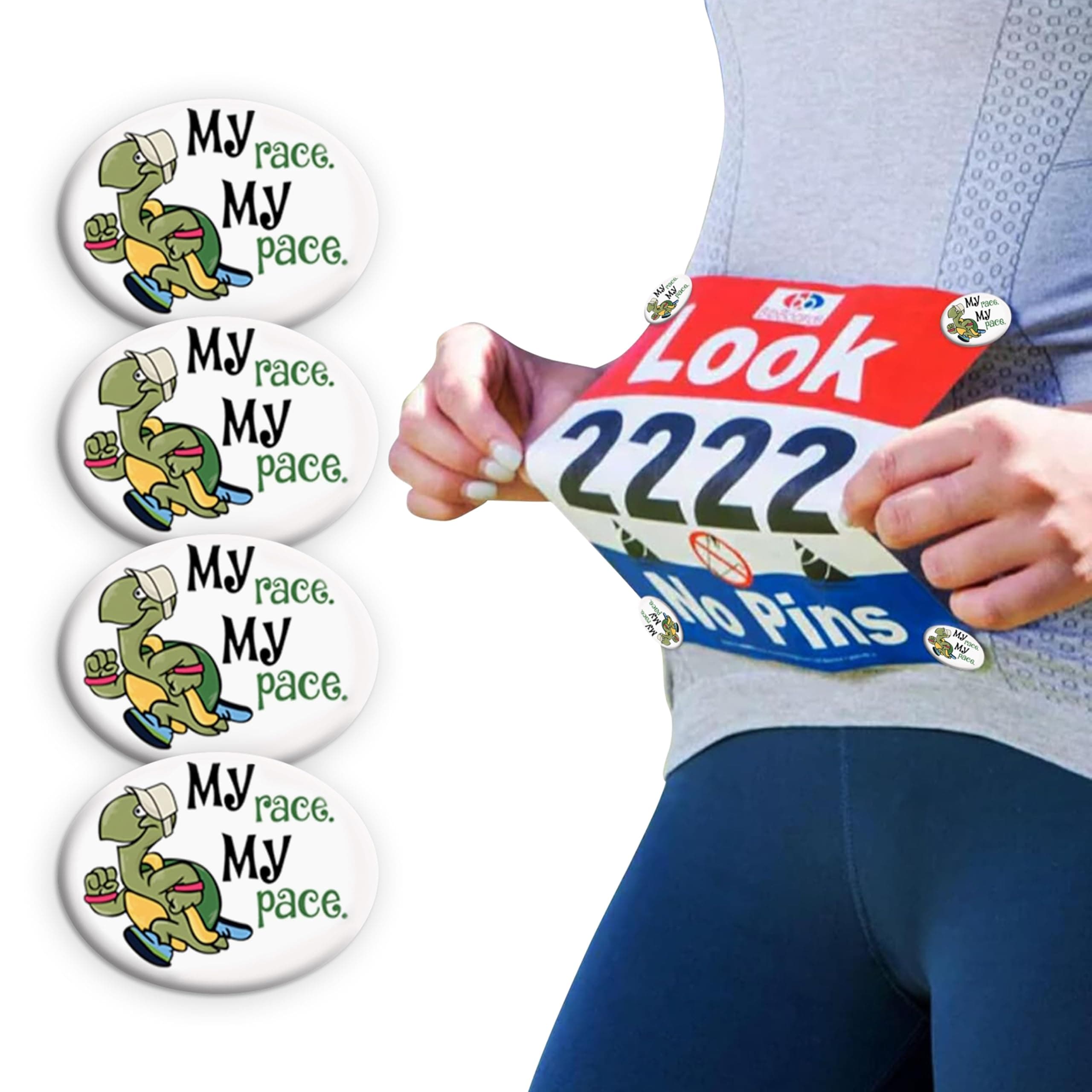 BibBoards Safety Lock Race Bib Clips - Snap & Lock Bib Fasteners for Runners, Non Magnetic Bib Holder, Marathon, Running & Cycling, Eliminate Safety Pins, Event Clips, My Race My Pace Turtle - 4 Pack